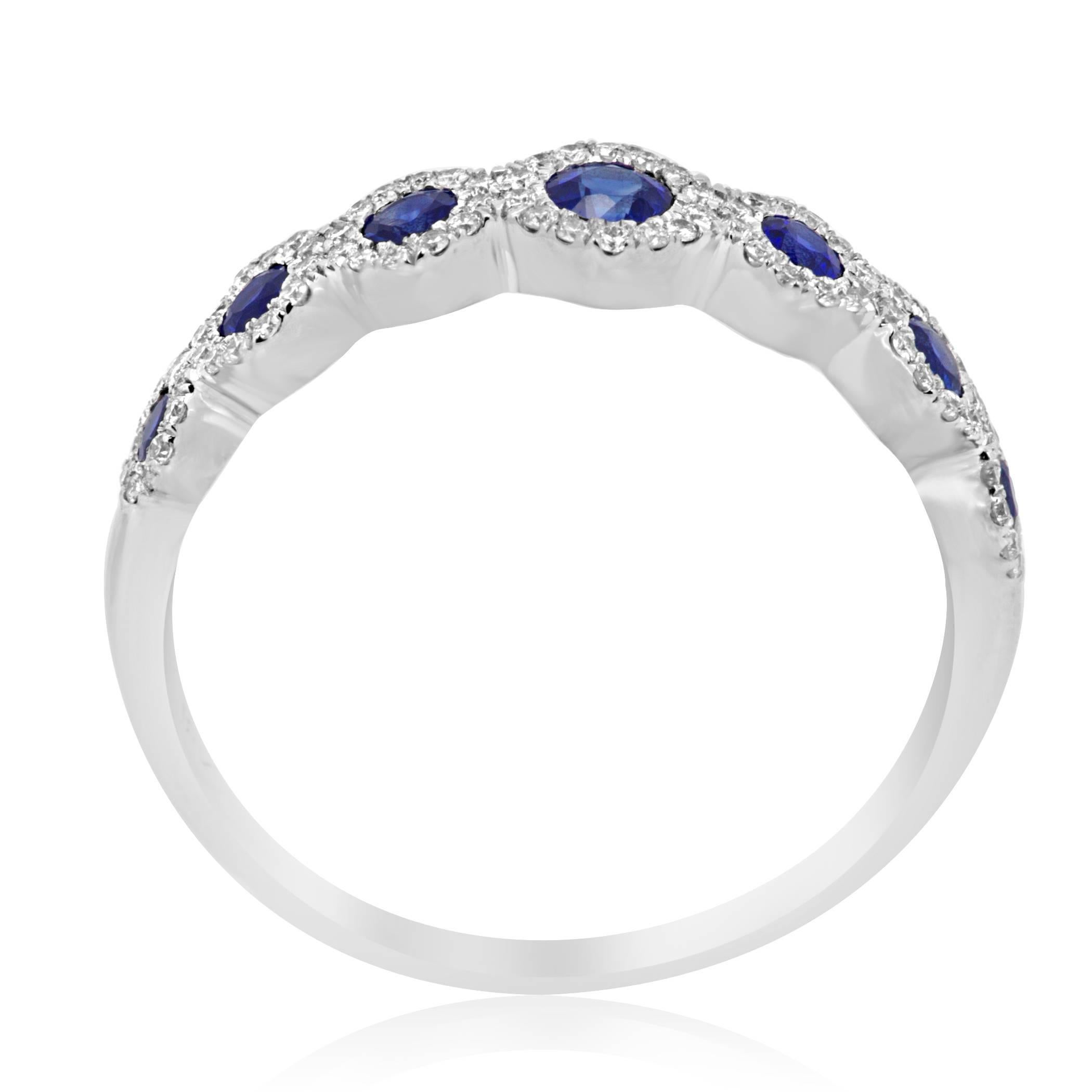 Modern Blue Sapphire Round Diamond Halo Gold 7 Stone Stackable Fashion Band Ring