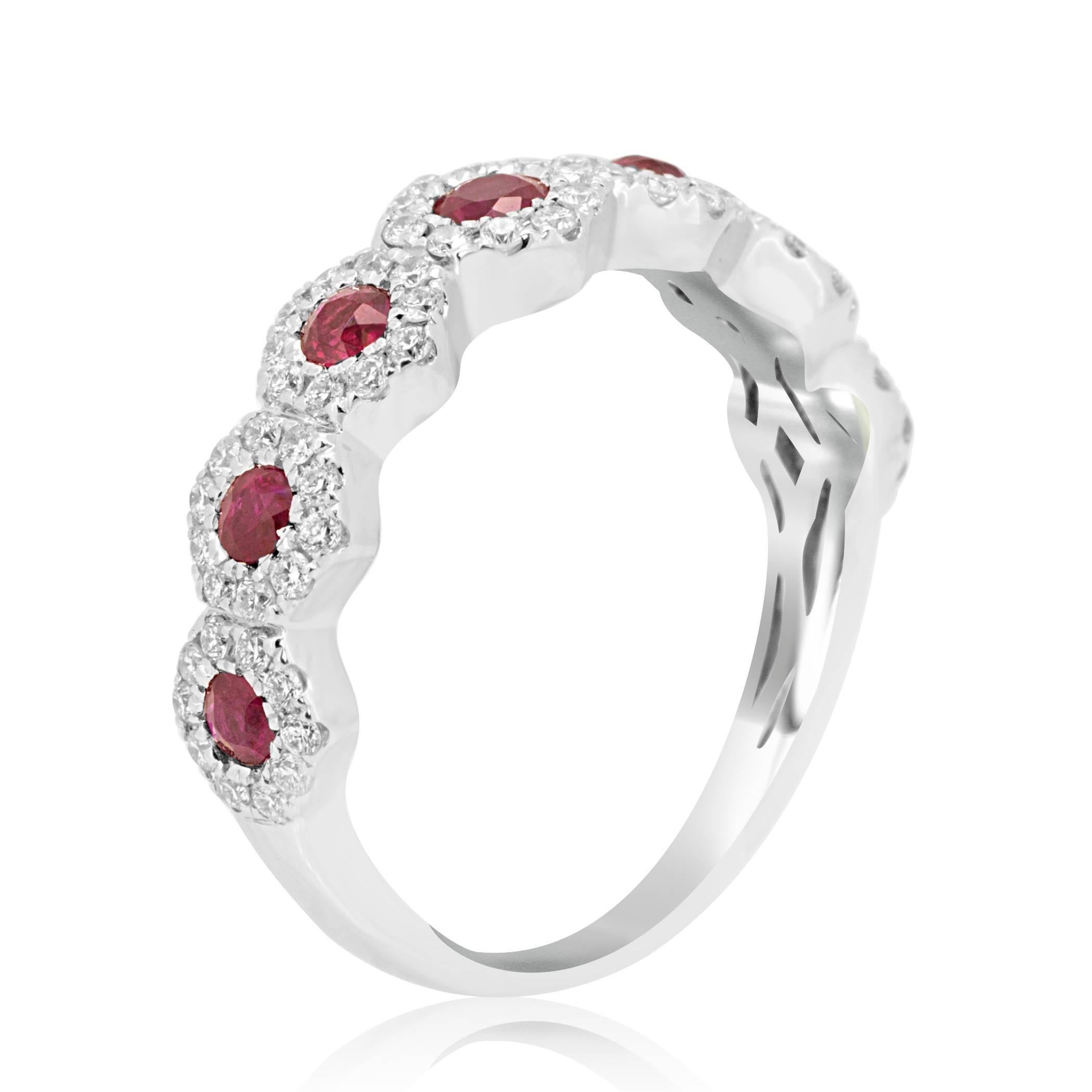 Modern Ruby Round Diamond Halo Gold Stackable Fashion Band Ring