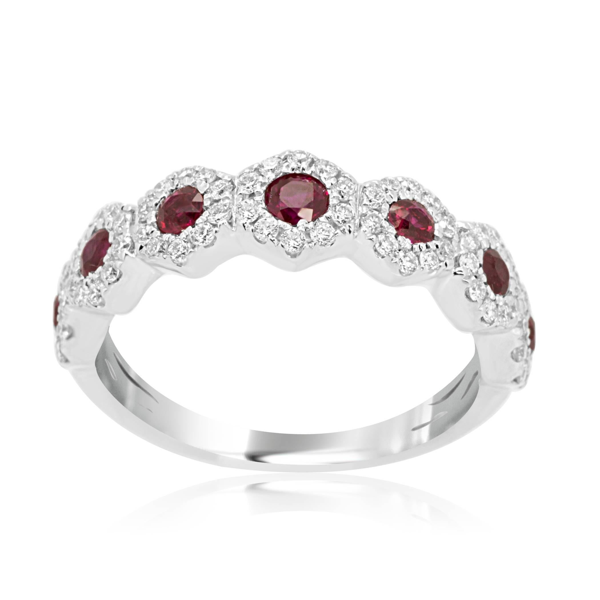 7 Ruby Round 0.53 Carat encircled in halo of white Round diamond 0.45 carat in 14K White Gold Stackable Fashion Band ring.

Total Ruby Weight 0.53 Carat
Total Diamond Weight 0.45 Carat