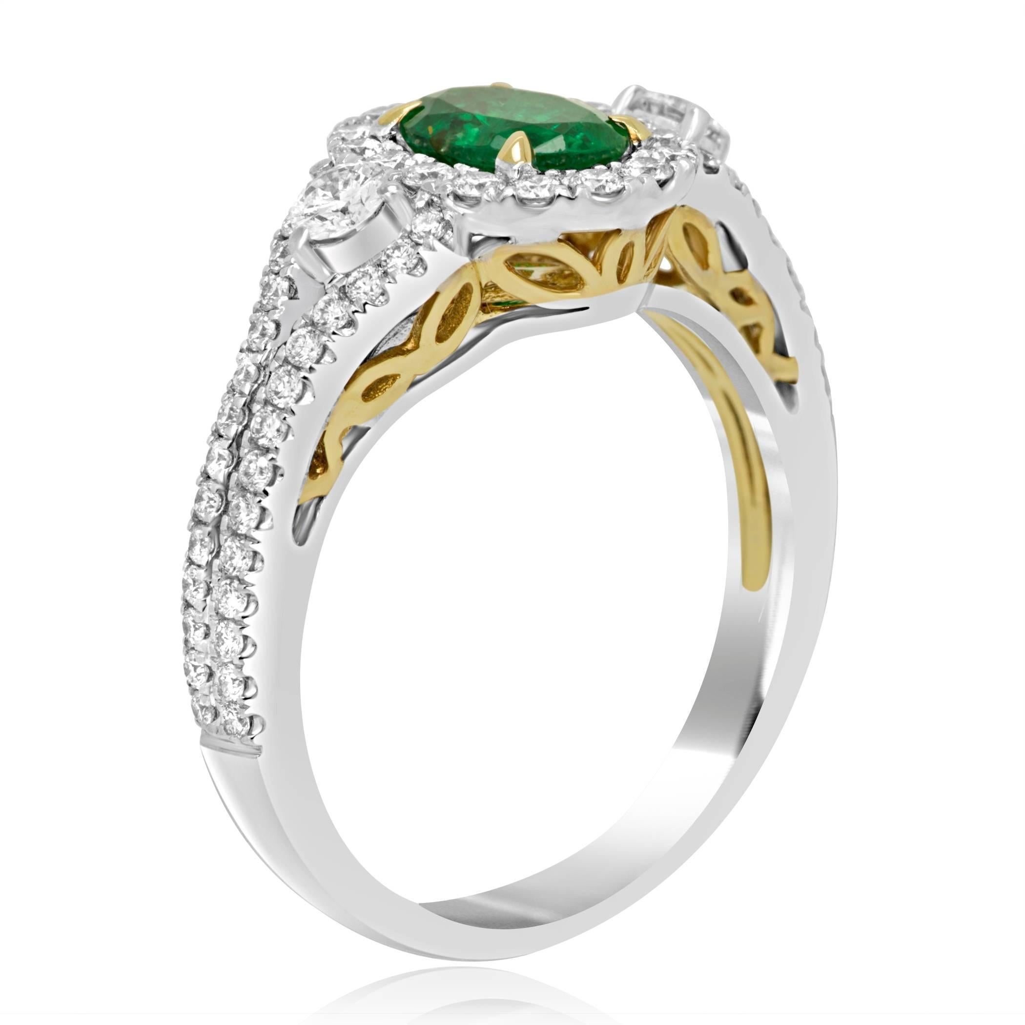 Modern Emerald Oval White Diamond Halo Two Color Gold Three Stone Bridal Fashion Ring