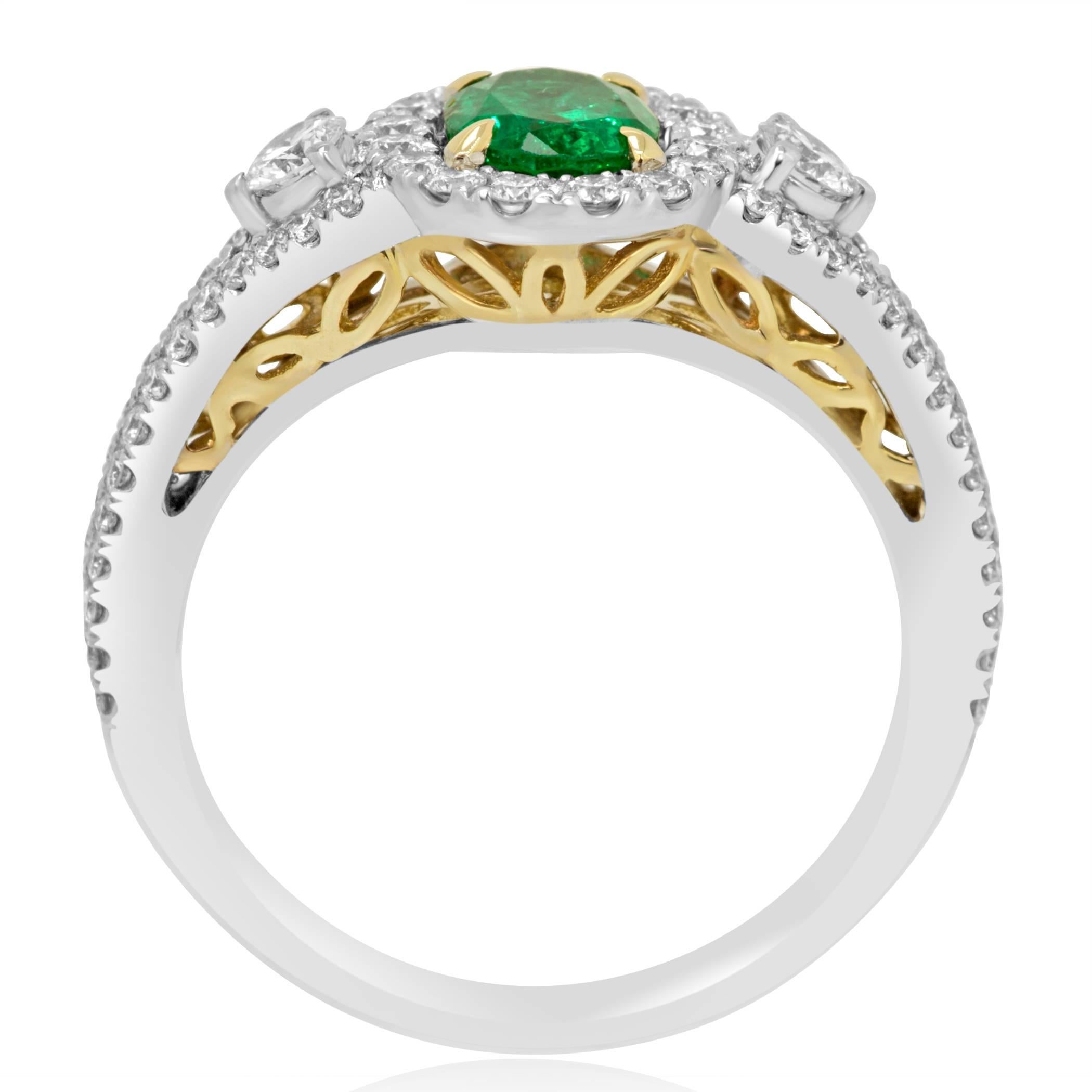 Oval Cut Emerald Oval White Diamond Halo Two Color Gold Three Stone Bridal Fashion Ring