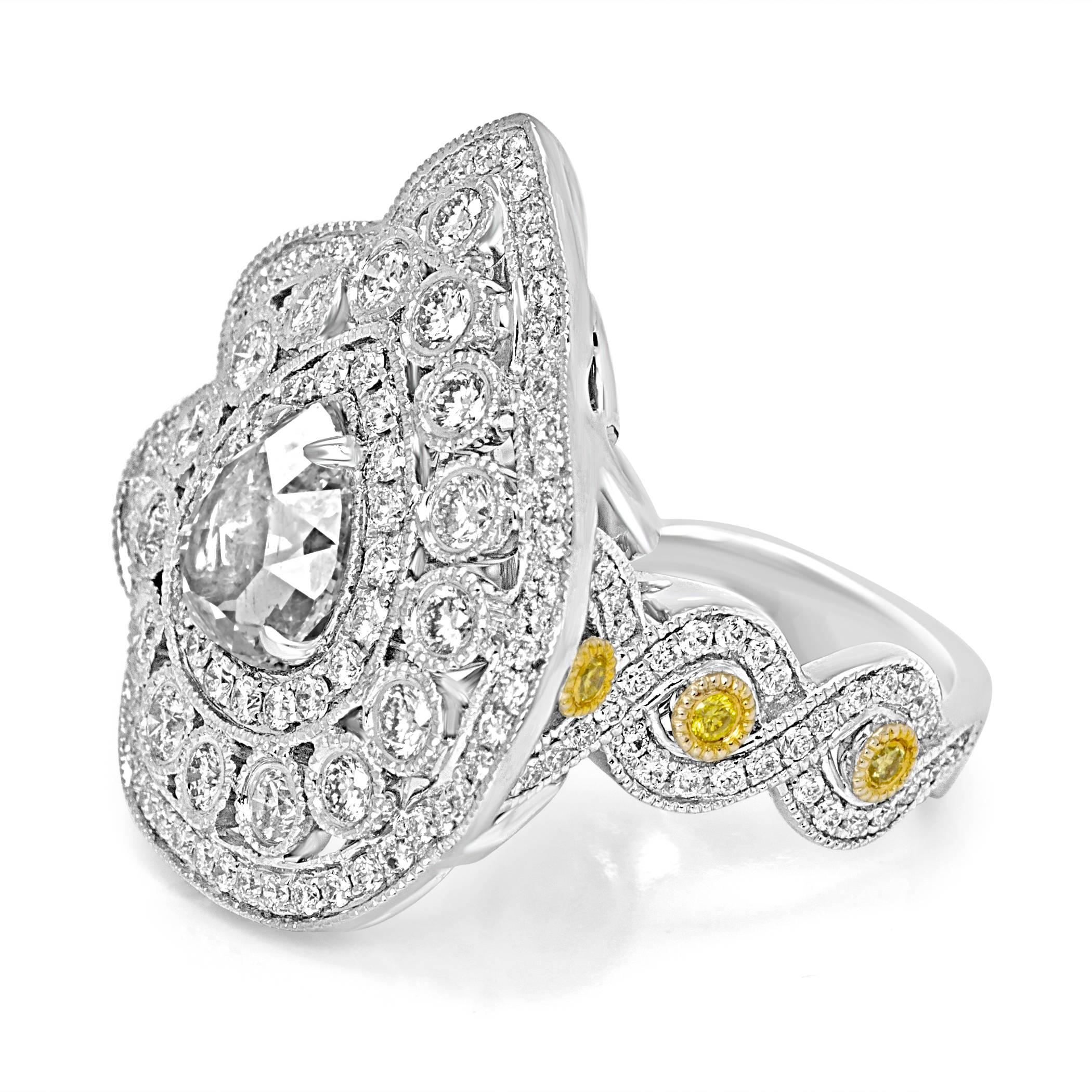 Contemporary Rose Cut Diamond Double Halo Two-Color Gold Cocktail Fashion Ring