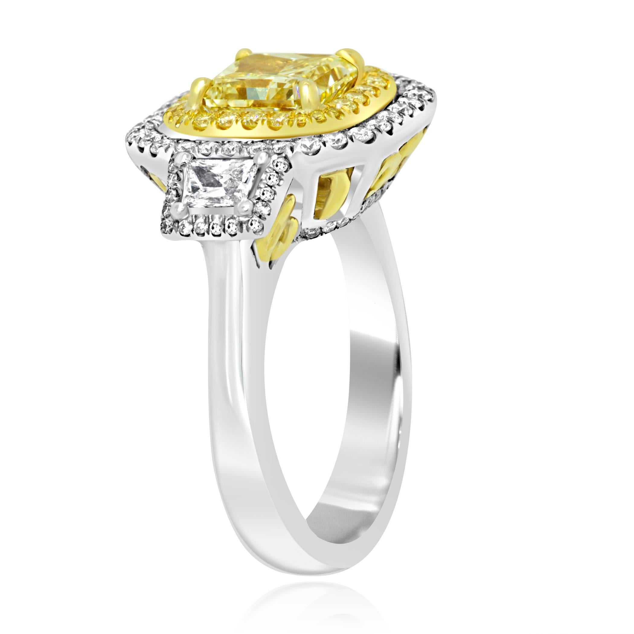 Modern GIA Certified Fancy Yellow Diamond Halo Three Stone Twotone Gold Bridal Ring