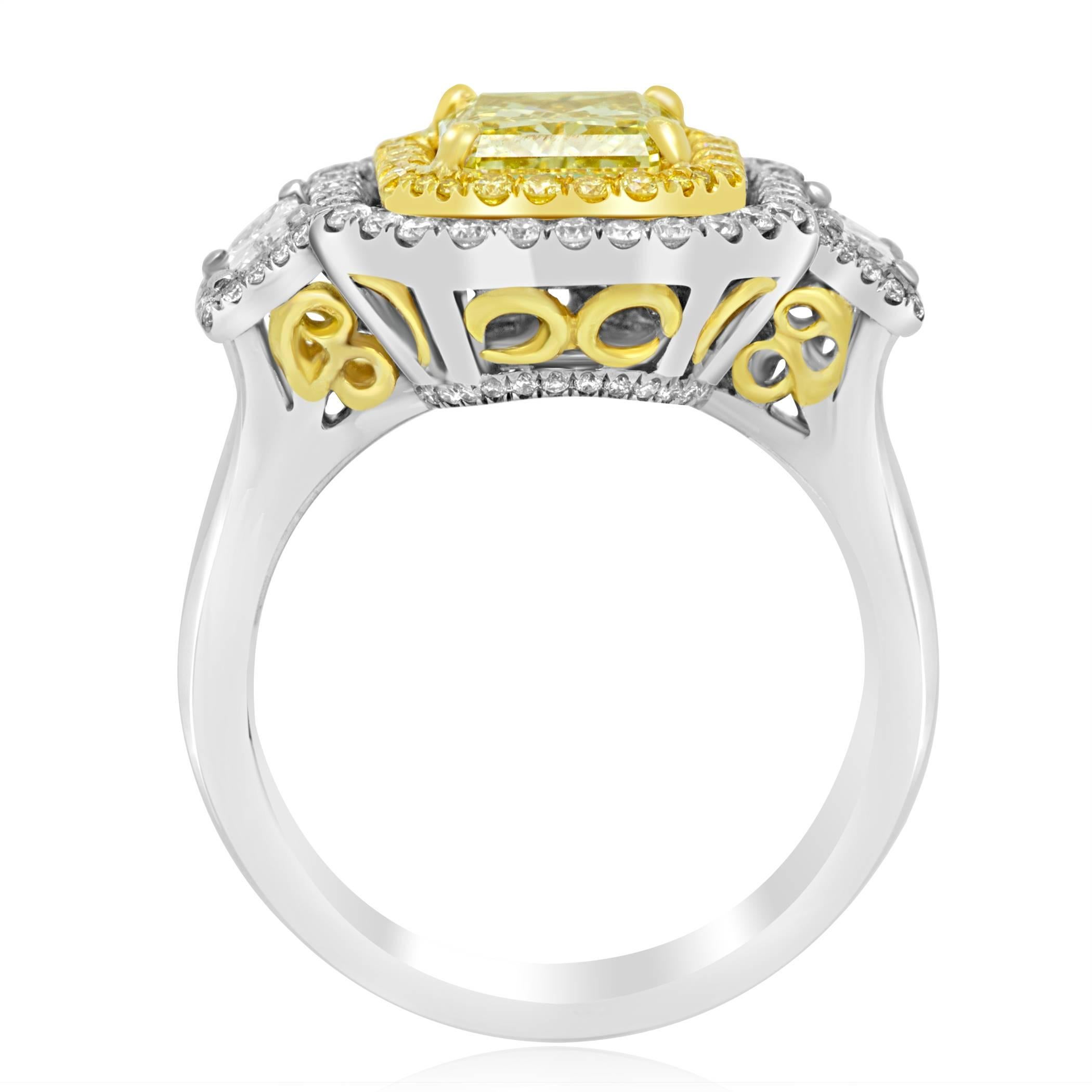 Radiant Cut GIA Certified Fancy Yellow Diamond Halo Three Stone Twotone Gold Bridal Ring