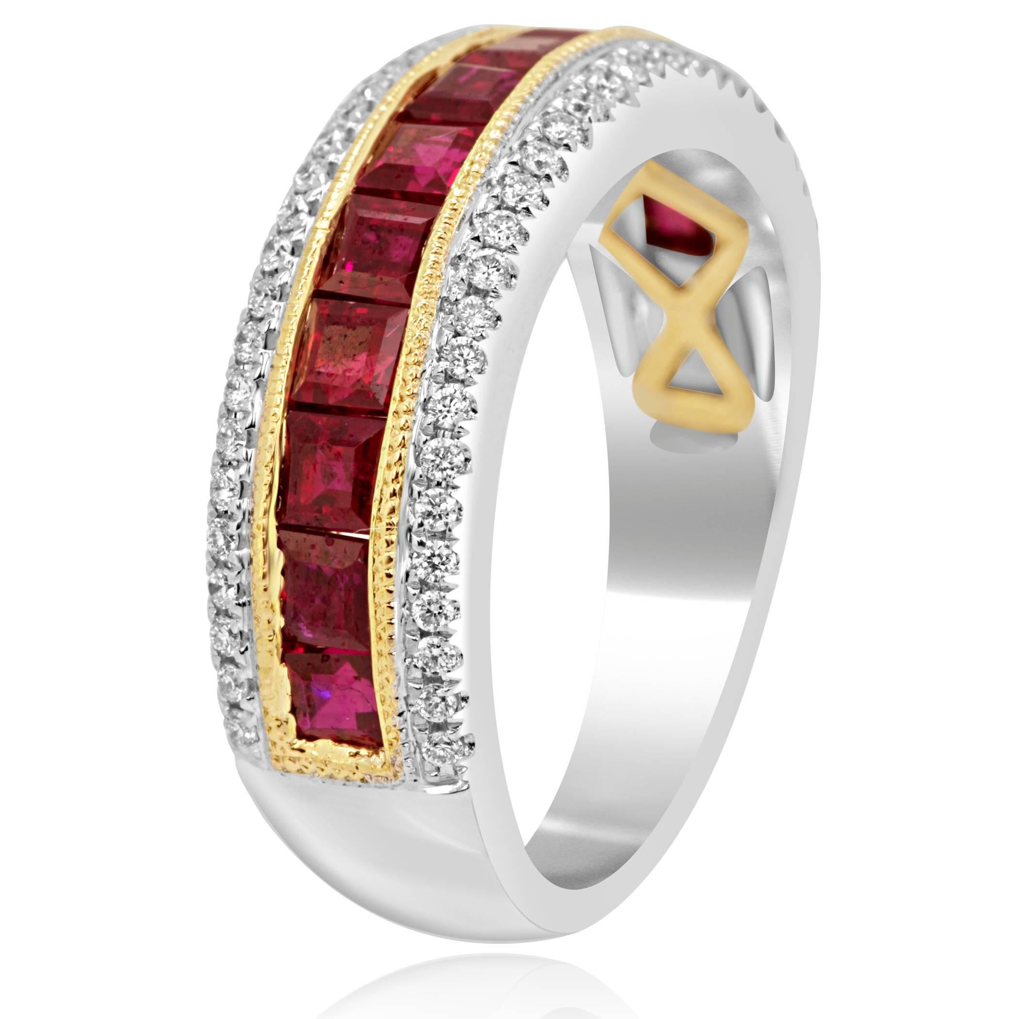 Ruby Square cut 1.79 Carat in channel setting Flanked with round white diamonds 0.24 Carat in 14K White and Yellow Gold Fashion Ring Band.

Total Stone Weight 2.03 Carat