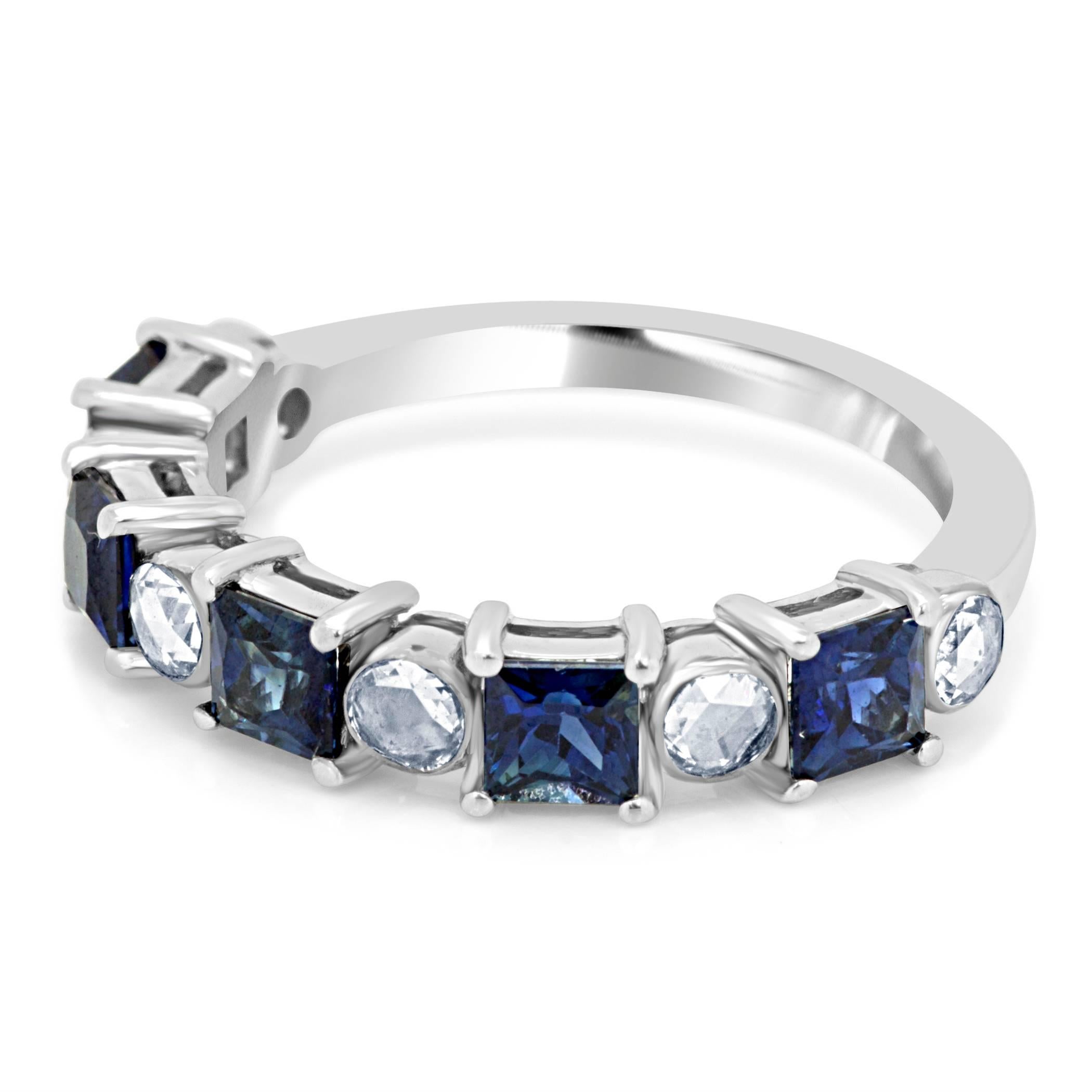 Blue Sapphire Princess cut 1.47 Carat with White Rosecut Diamond on each side 0.32 Carat in 14K White Gold Cocktail Band Ring.

MADE IN USA.
Total Stone Weight 1.79 Carat