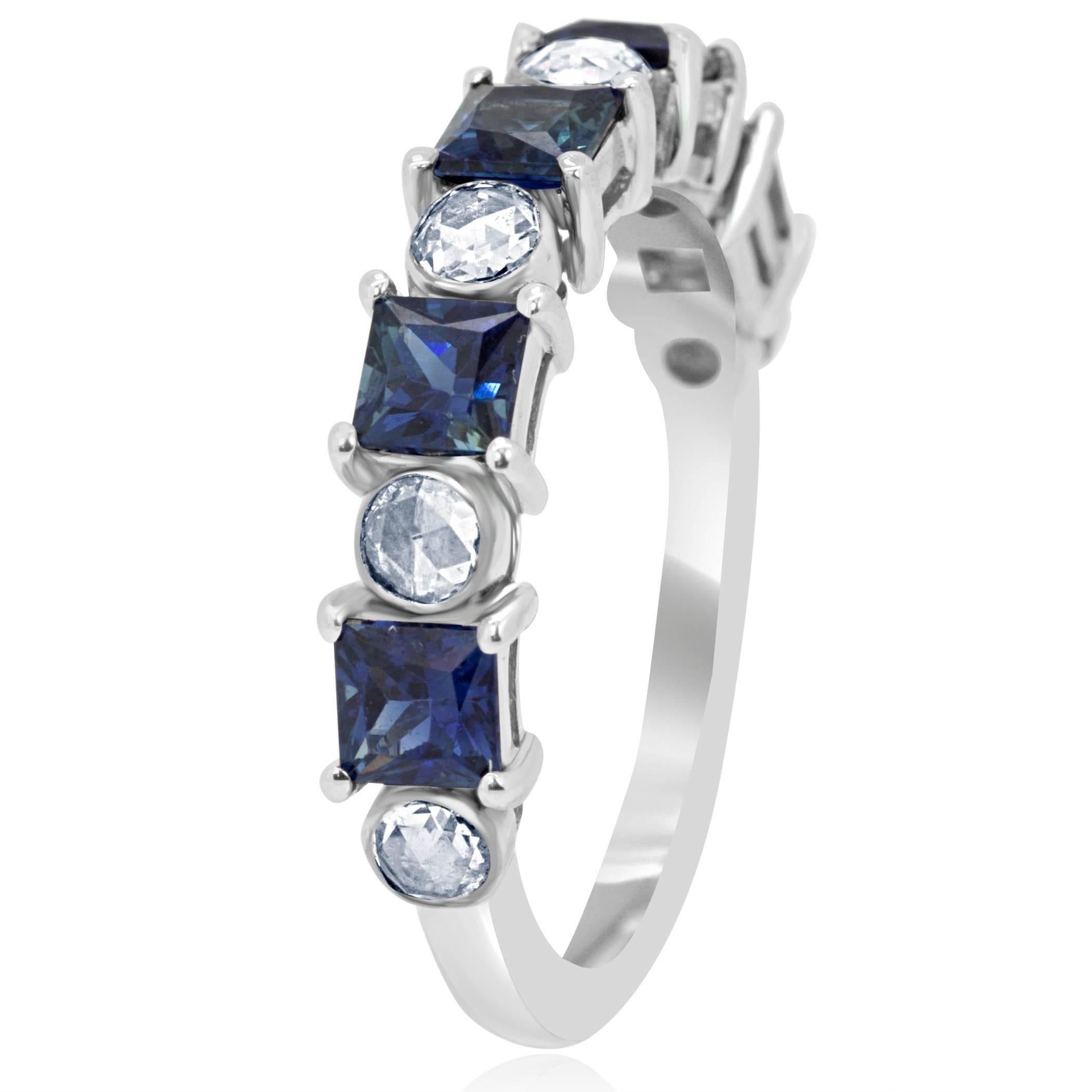 Art Deco Blue Sapphire Princess Cut Diamond Rosecut Fashion Band Gold Ring