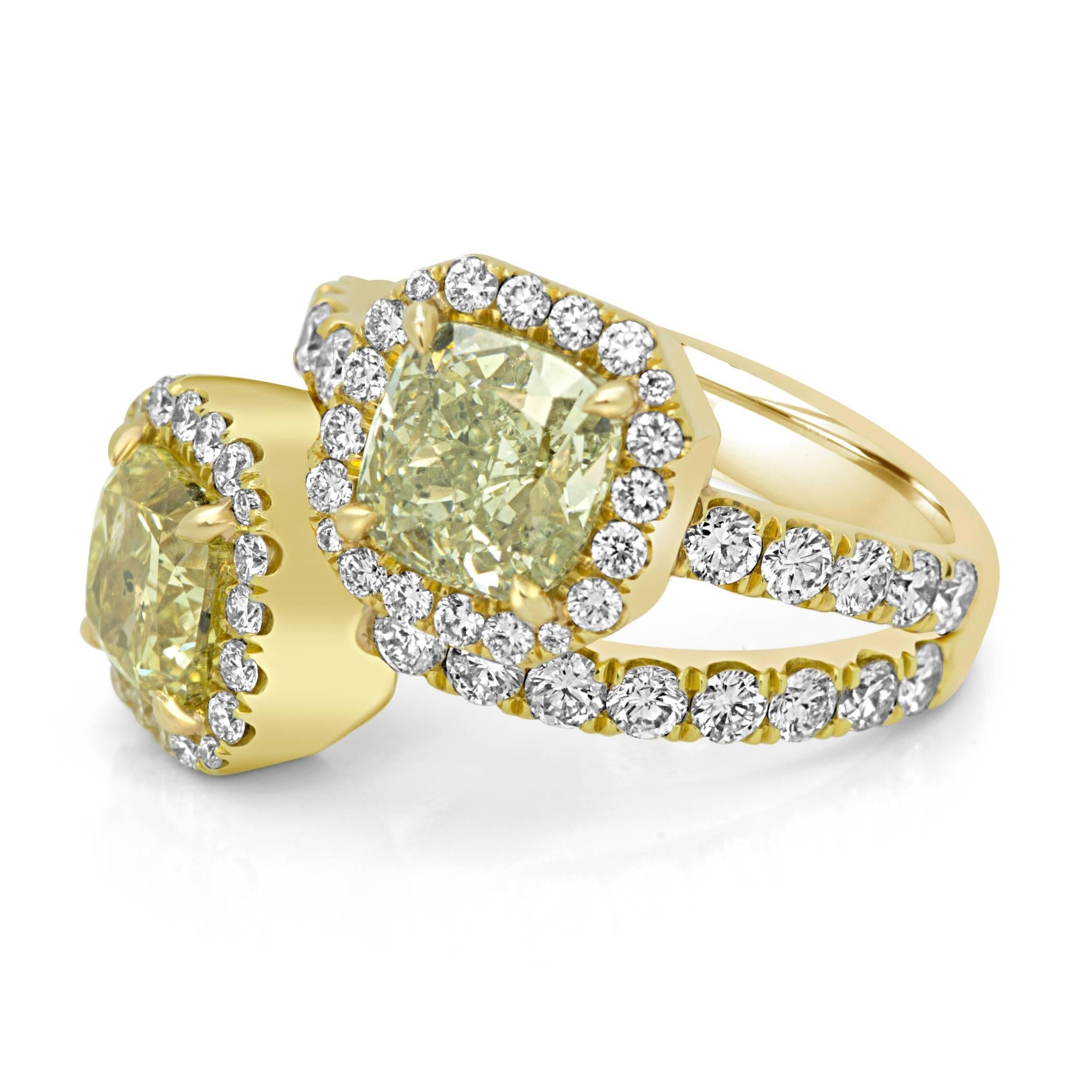 GIA Certified Natural Green and Yellow Diamond Twotone Gold Halo Toi Et Moi Ring 2