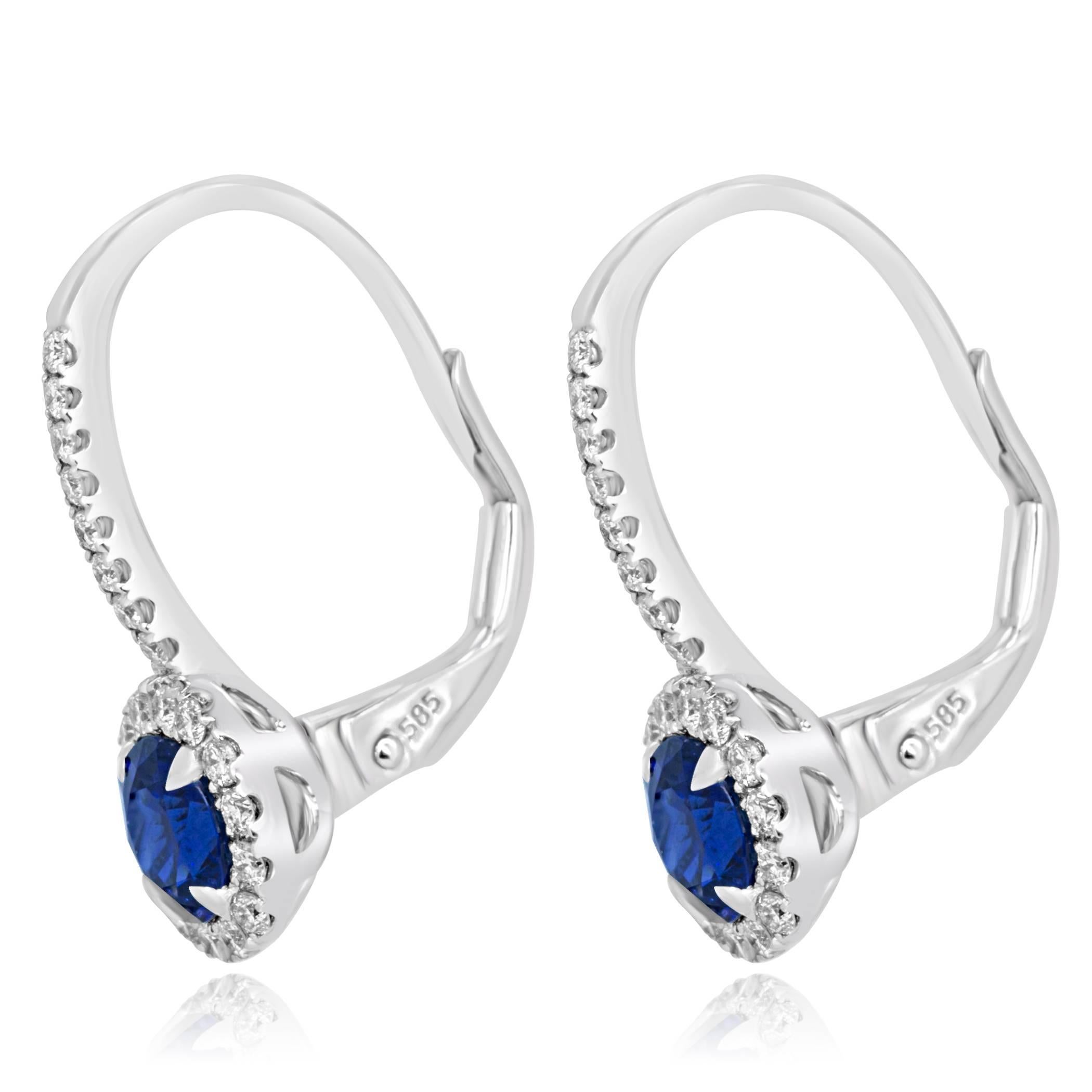 Blue Sapphire Round Diamond Halo Gold Dangle Leverback Earring 1