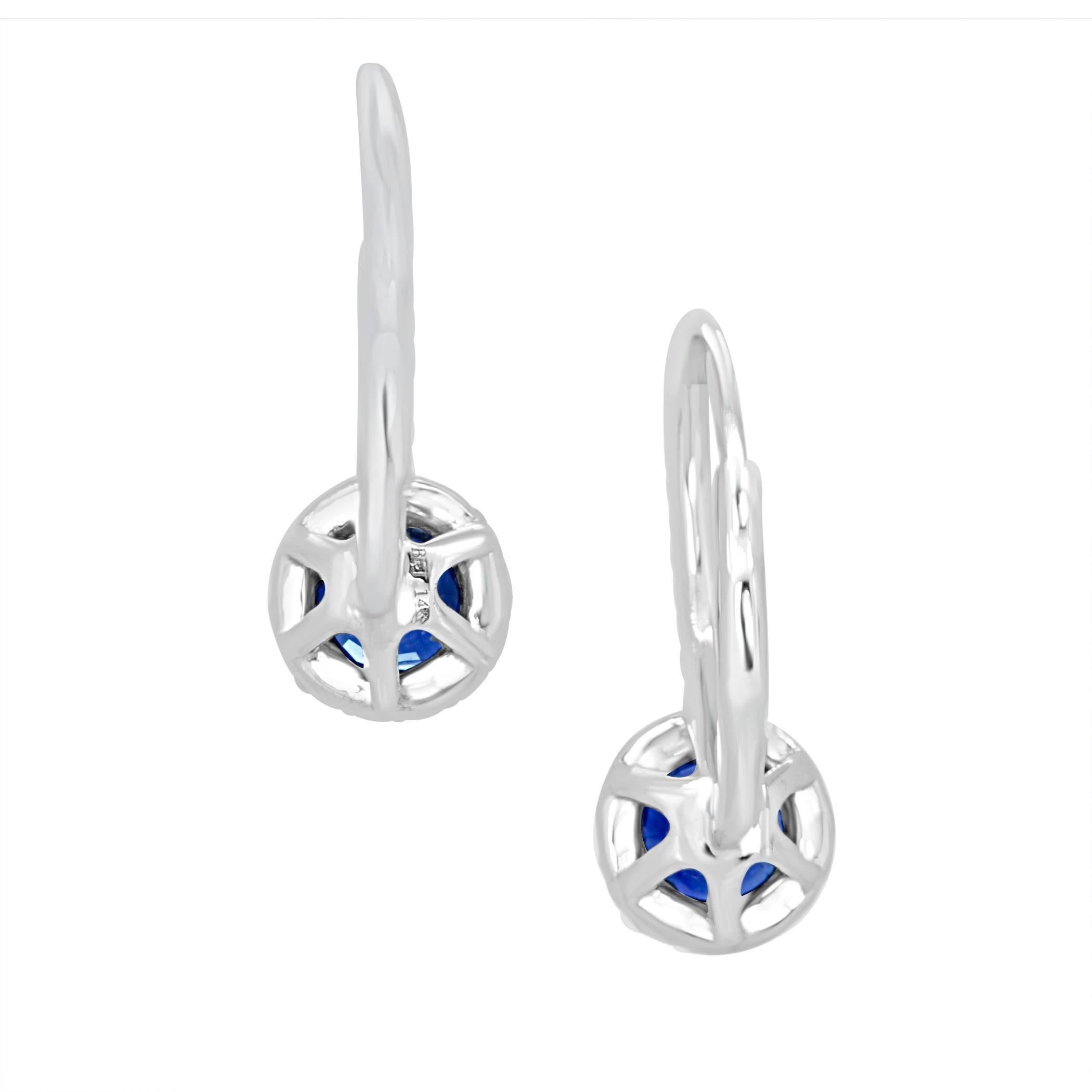 Blue Sapphire Round Diamond Halo Gold Dangle Leverback Earring 2