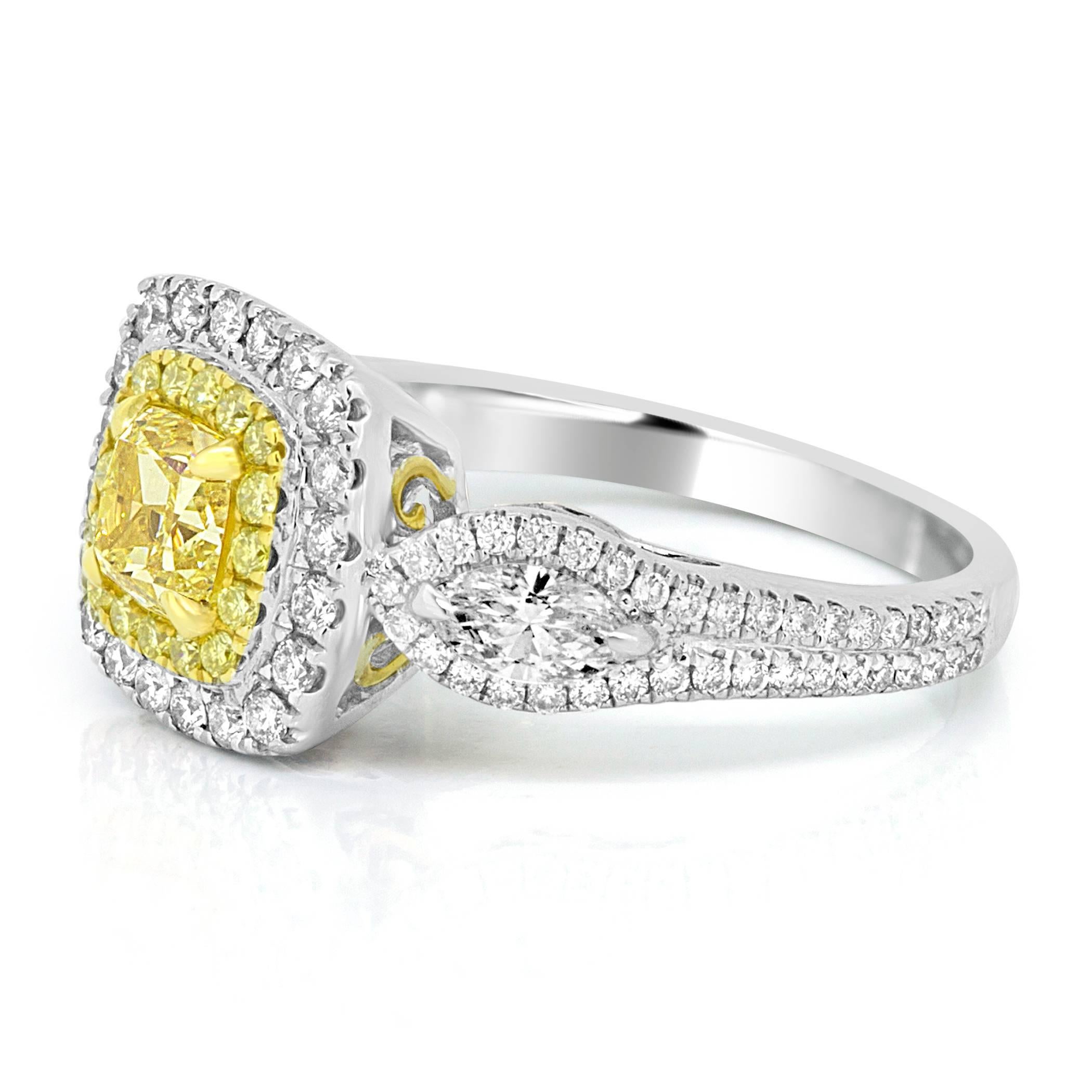 Cushion Cut Certified Fancy Intense Yellow VS Diamond Double Halo Two Color Gold Bridal Ring