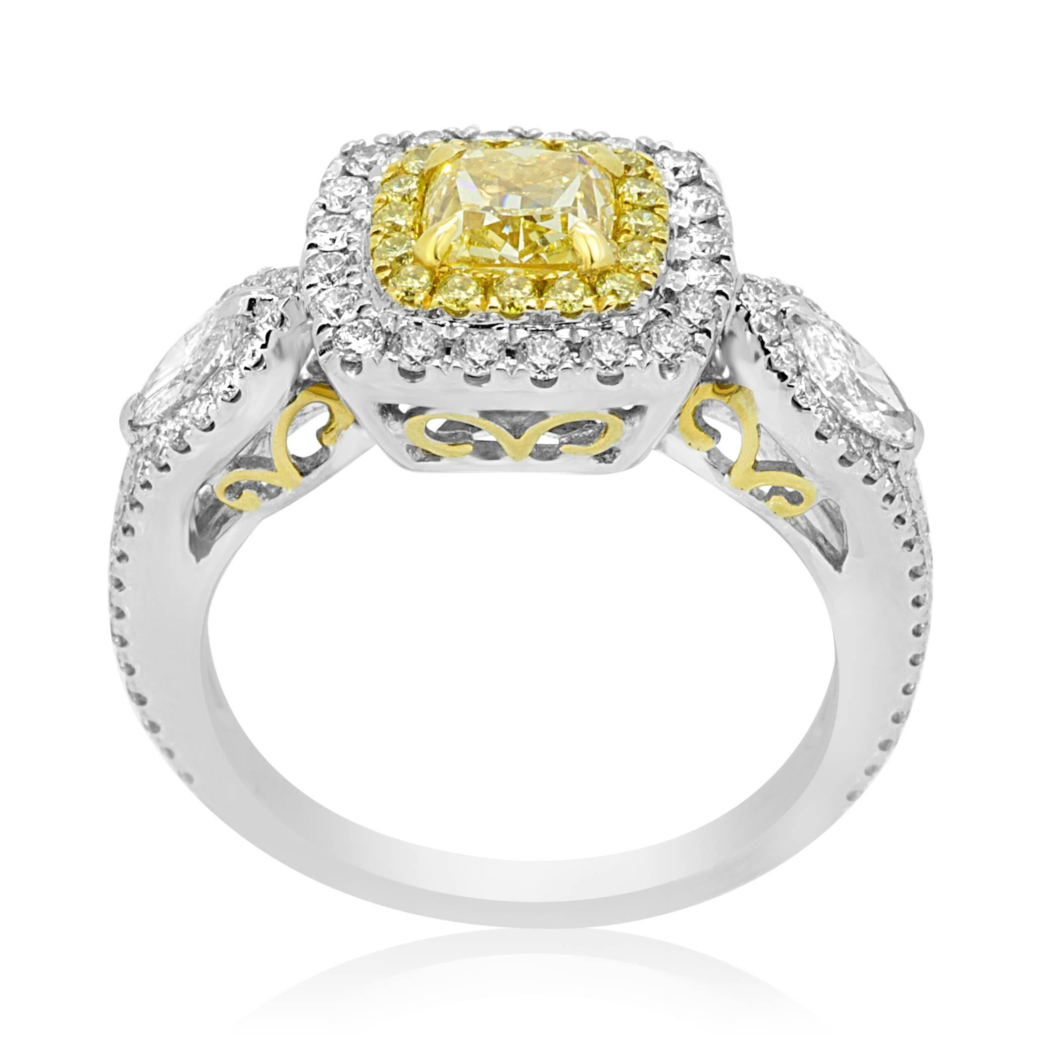 Certified Fancy Intense Yellow VS Diamond Double Halo Two Color Gold Bridal Ring In New Condition In NEW YORK, NY