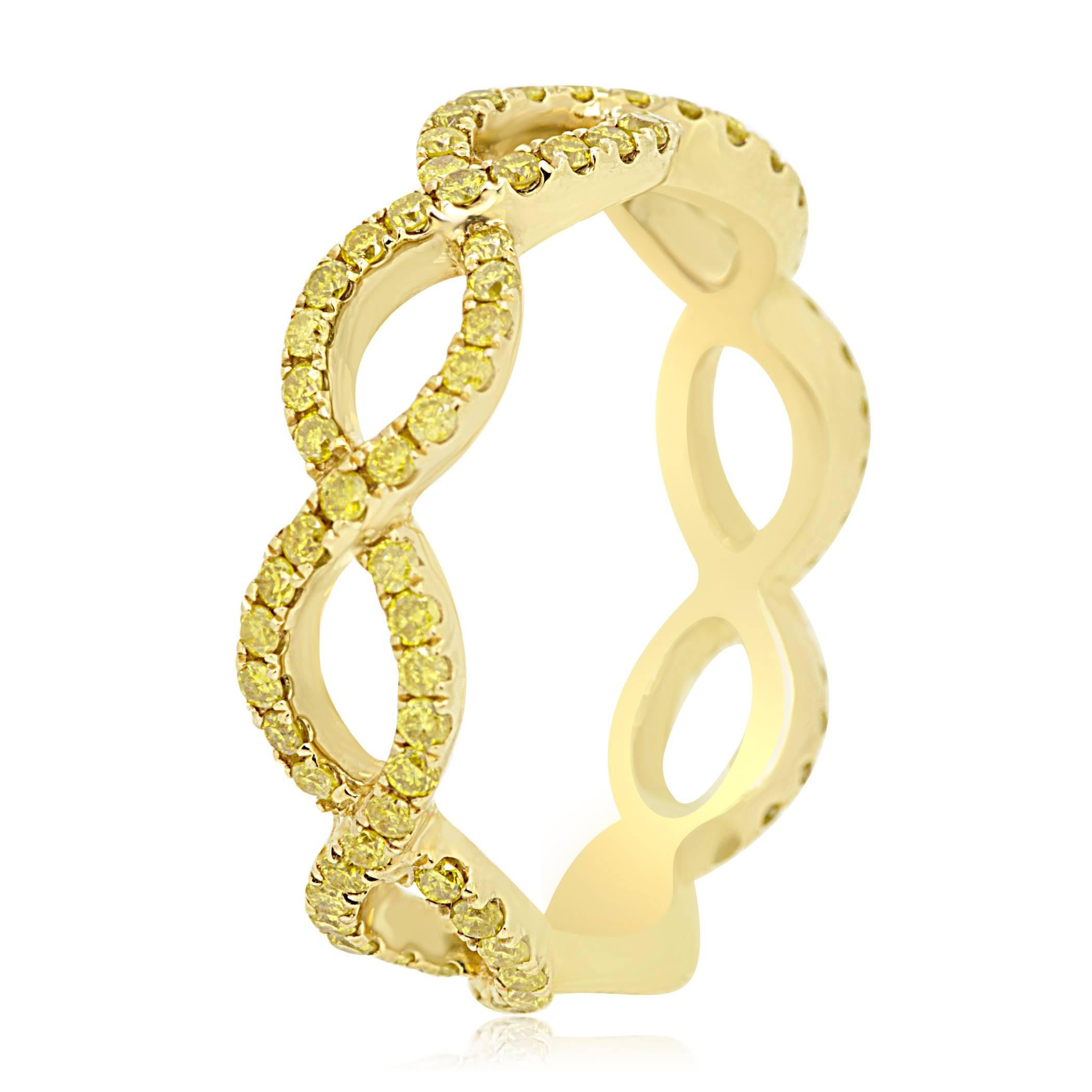 Natural Fancy Yellow Diamond 0.77 Carat in a twist rope style stackable band ring 14K Yellow Gold.