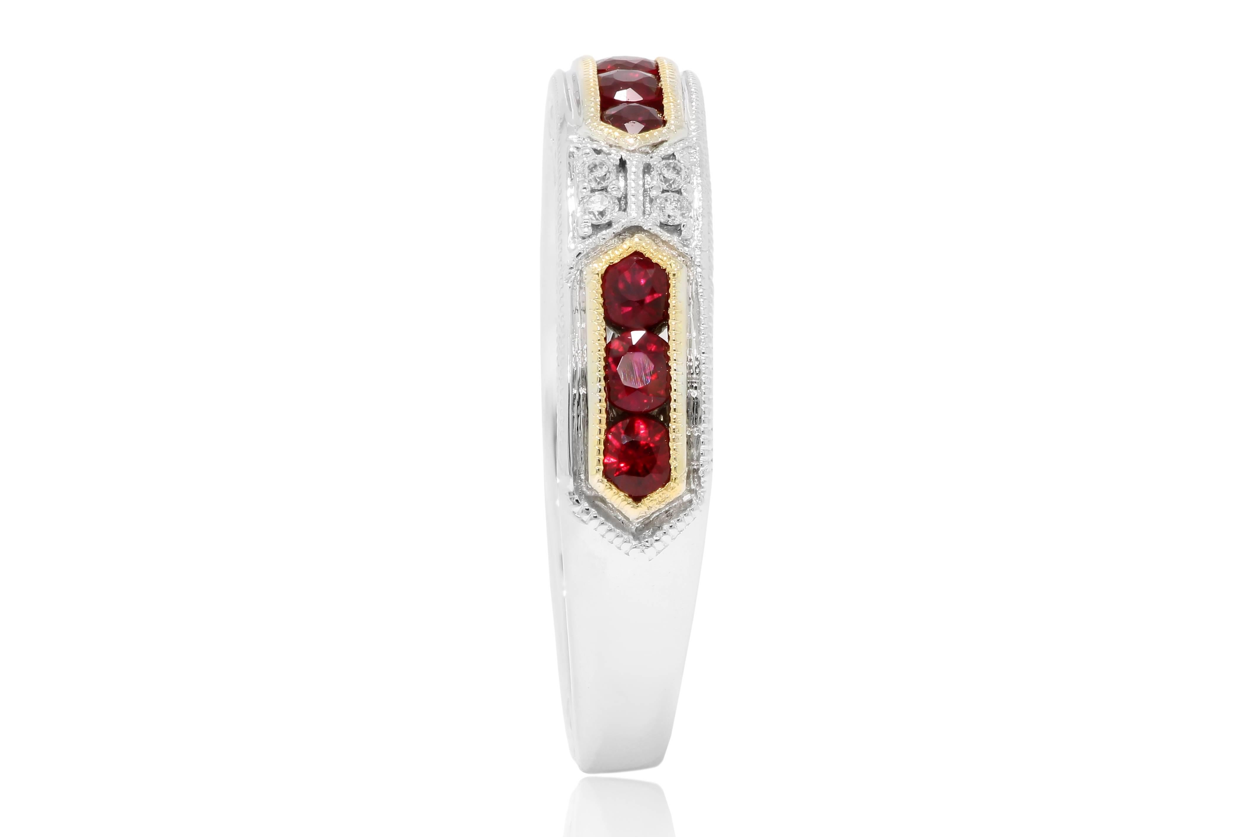 Modern Ruby Round Diamond Engraved Filigree Two Color Gold Band Ring