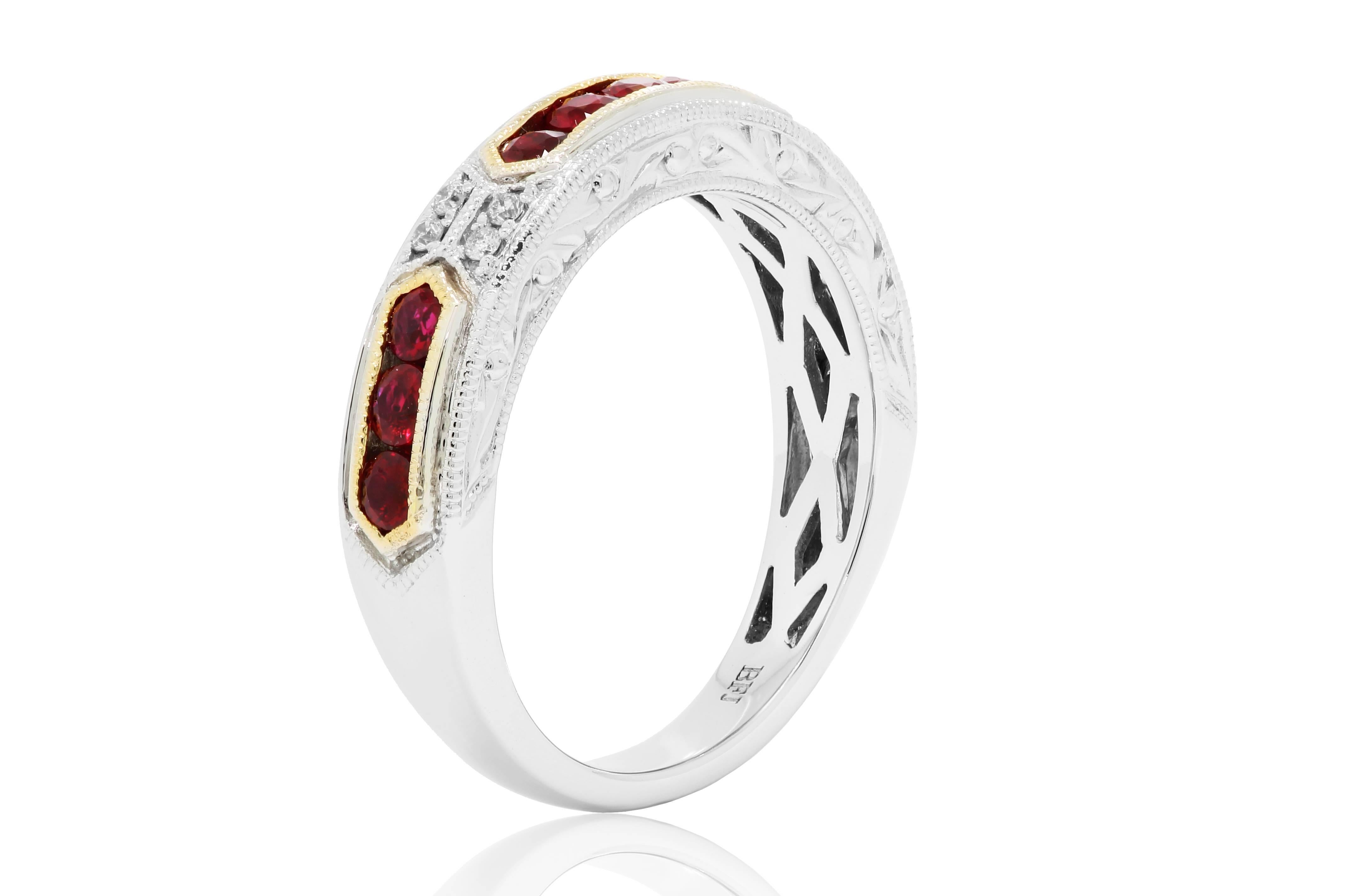 11 Ruby Round 0.80 carat , White Diamond Round 0.05 Carat in a beautiful engraving and filigree work 14K White and Yellow Gold band ring.