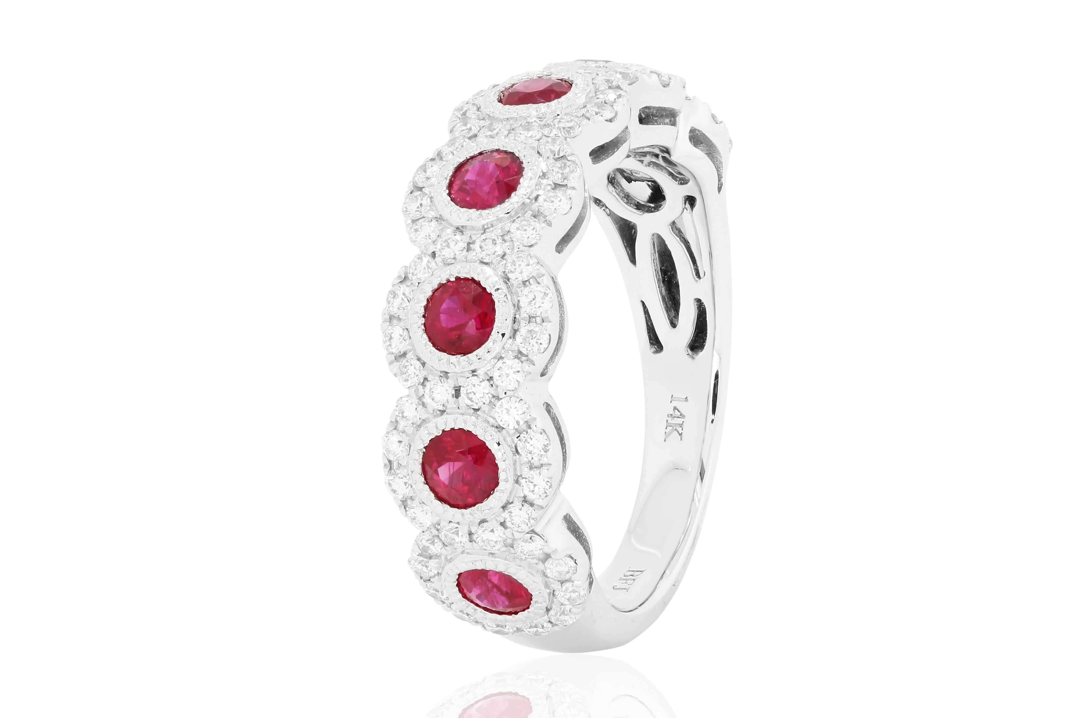Stunning 7 Ruby Round 0.93 Carat in Bezel Setting with Filigree work encircled in a Halo of White Diamond Round 0.50 Carat in 14K White Gold Band Cocktail Fashion Ring.