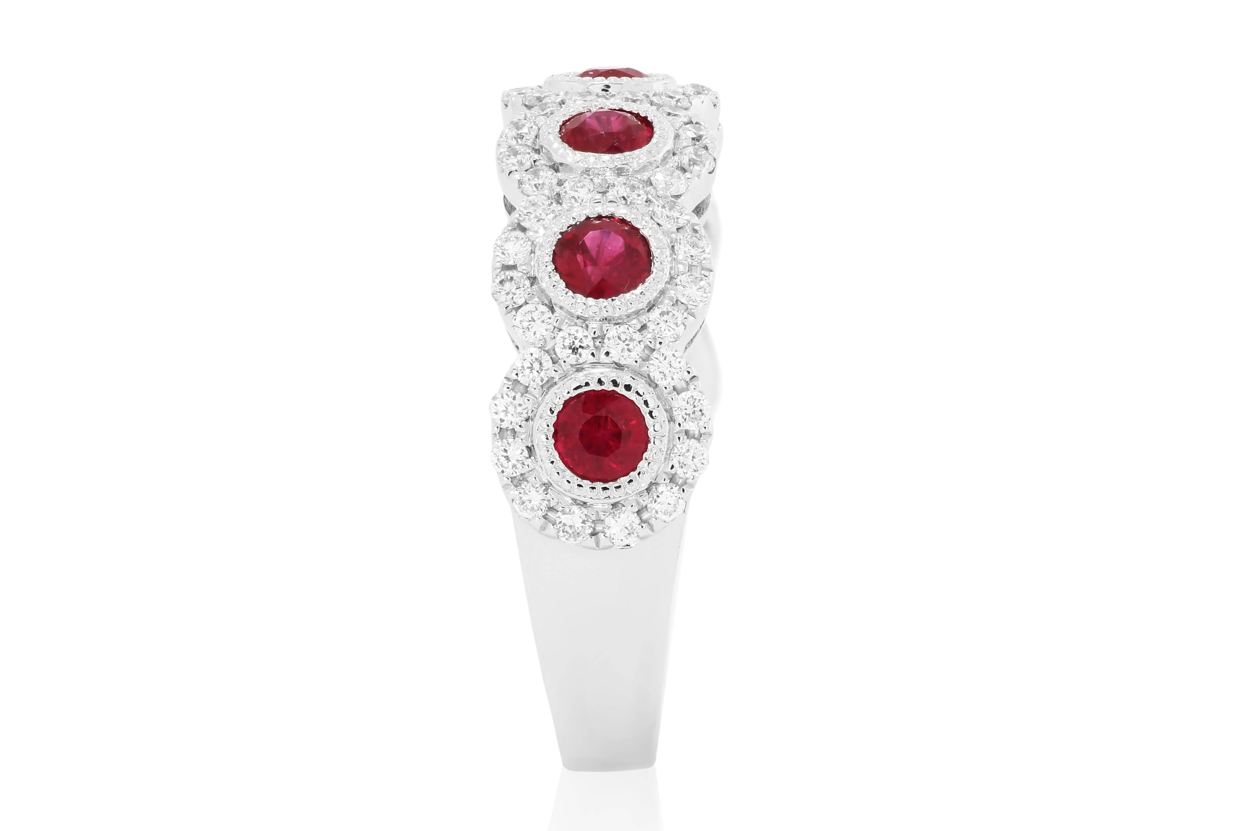 Modern Ruby Round White Diamond Halo Filigree Gold Band Cocktail Fashion Ring