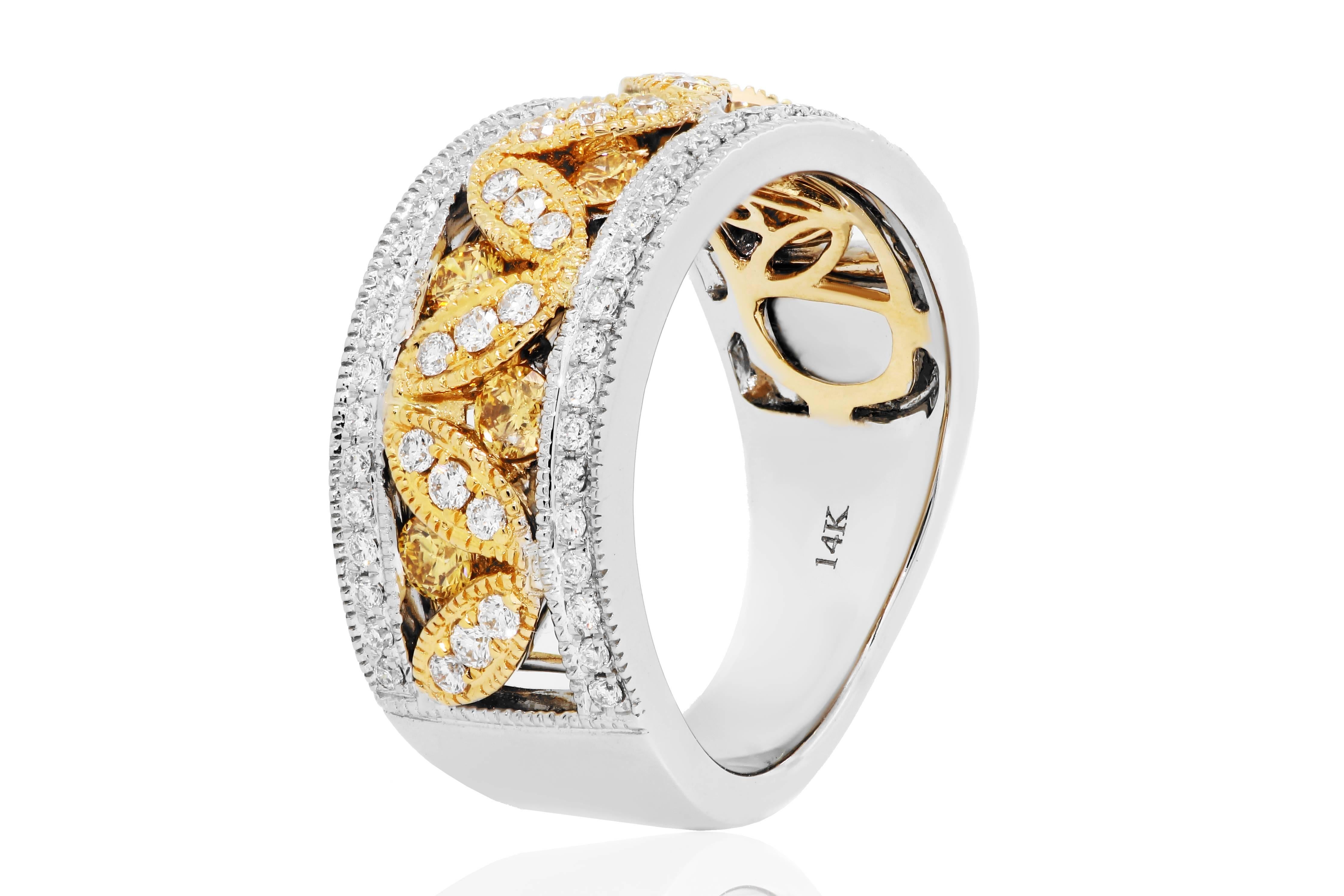 7 Natural Fancy Yellow Rounds 0.50 carat and White Diamond Rounds 0.53 Carat in 14K White and Yellow Gold Filigree Band Ring