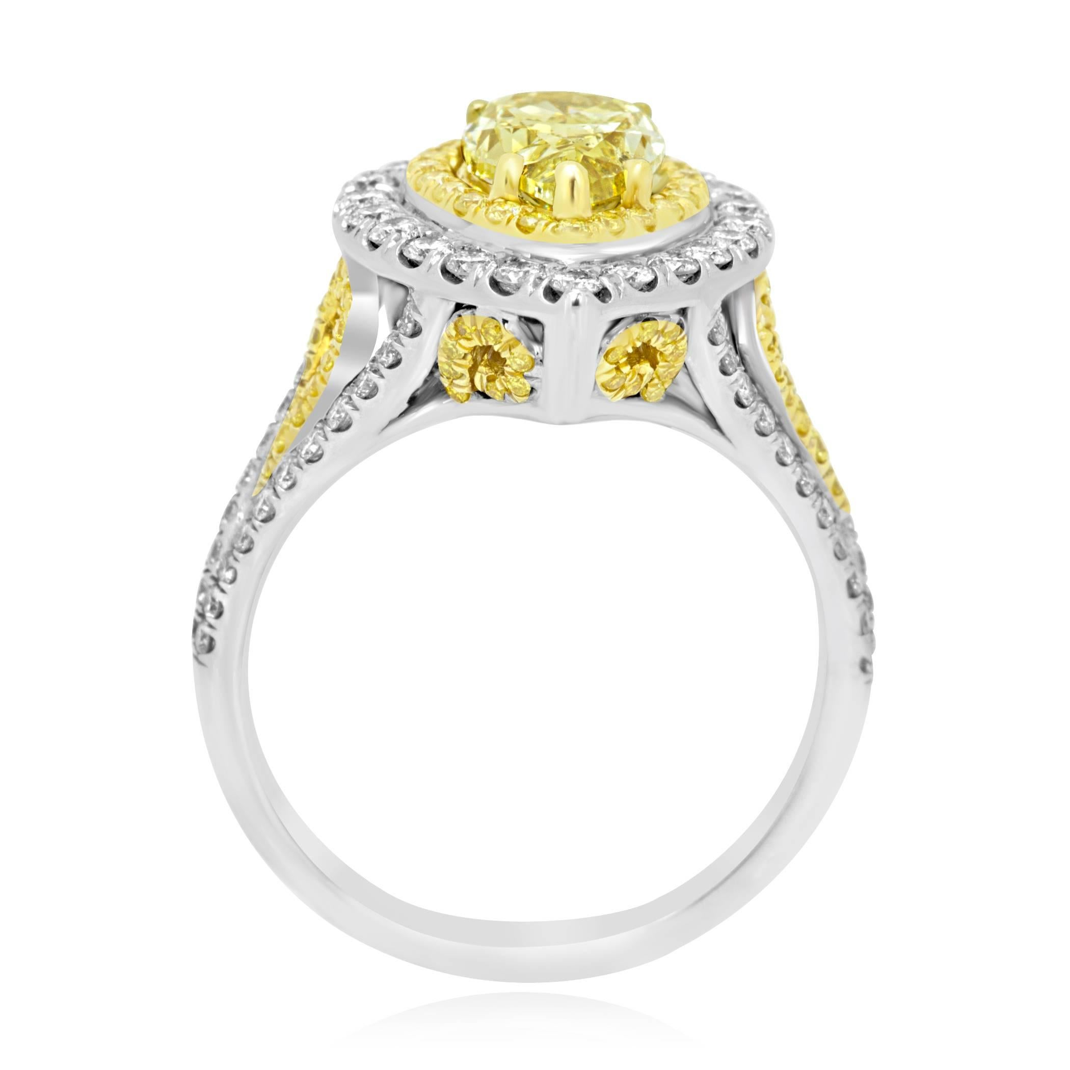 Contemporary GIA Certified Intense Yellow Diamond Double Halo Two Color Gold Bridal Ring