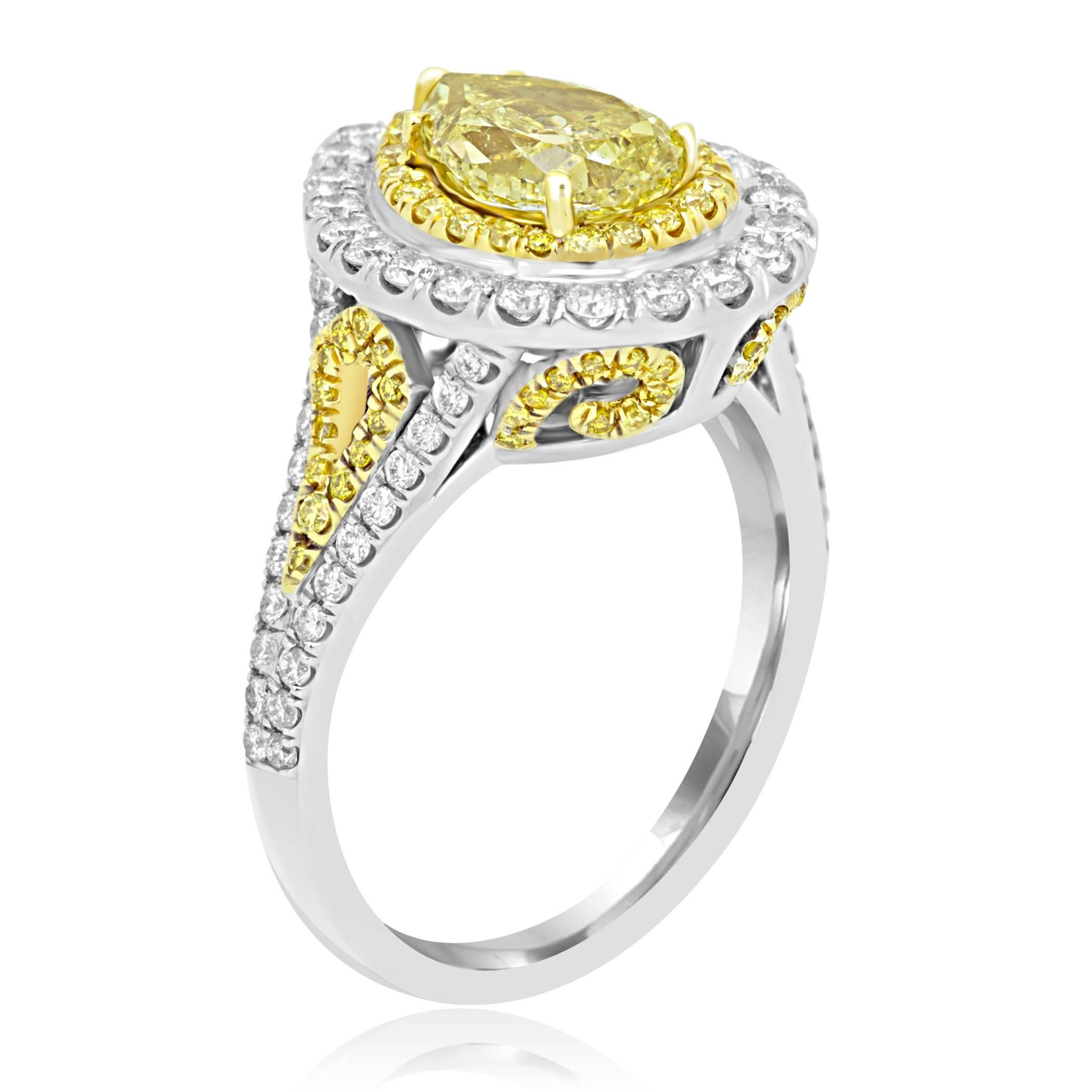 GIA Certified Intense Yellow Diamond Double Halo Two Color Gold Bridal Ring In Excellent Condition In NEW YORK, NY