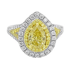 GIA Certified Intense Yellow Diamond Double Halo Two Color Gold Bridal Ring