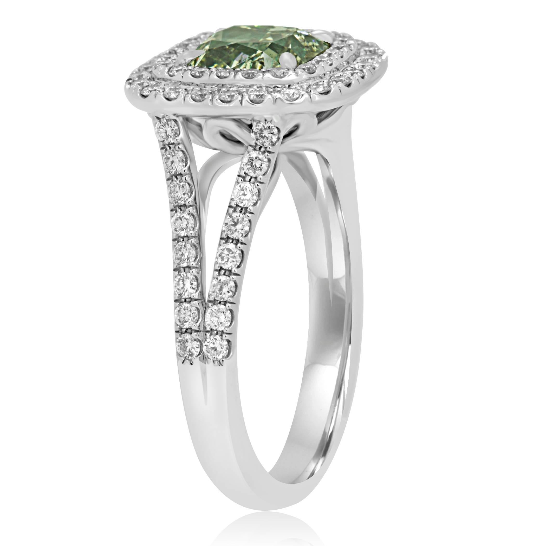 GIA Certified Natural Fancy Green Cushion Diamond Double Halo Gold Bridal Ring 1