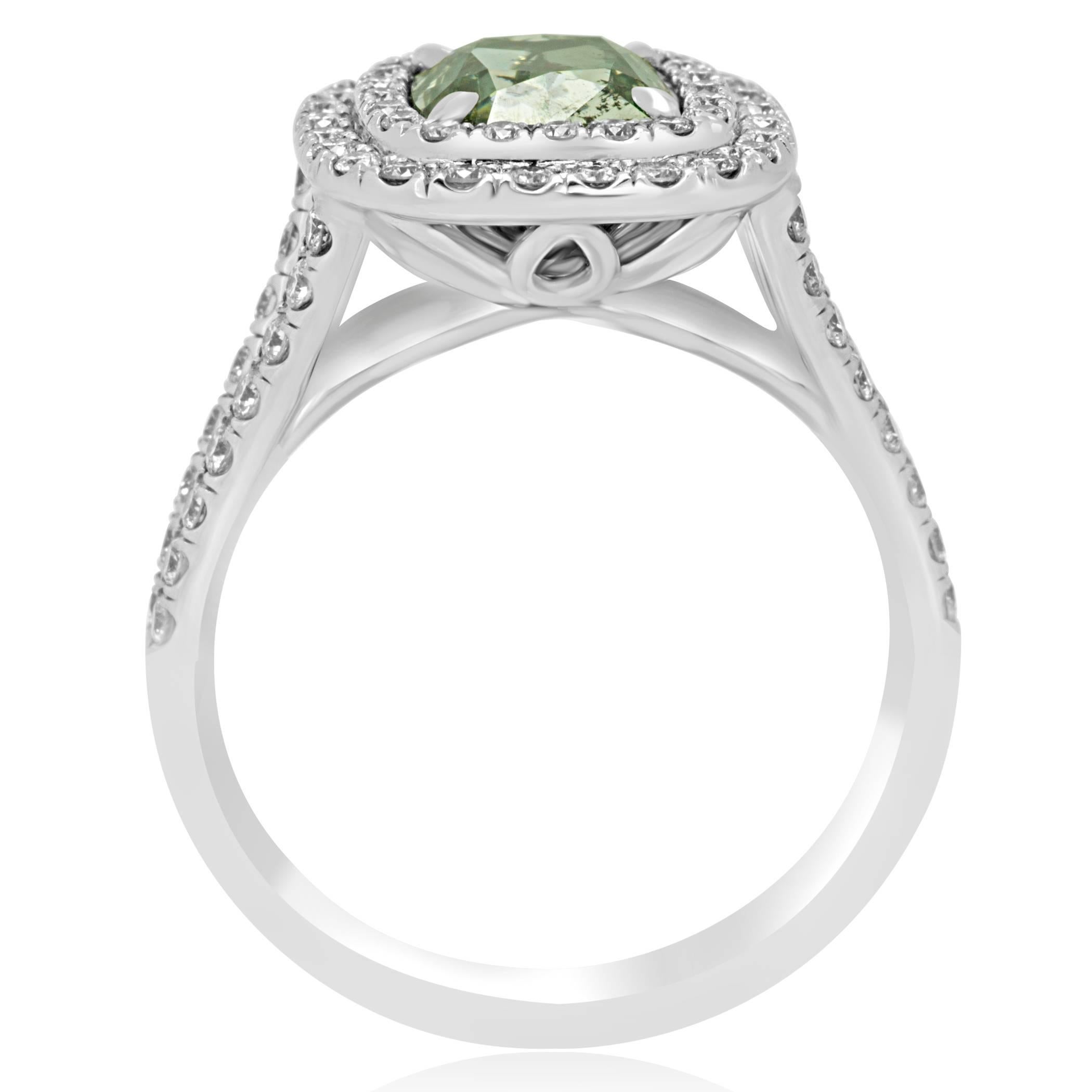 GIA Certified Natural Fancy Green Cushion Diamond Double Halo Gold Bridal Ring 2