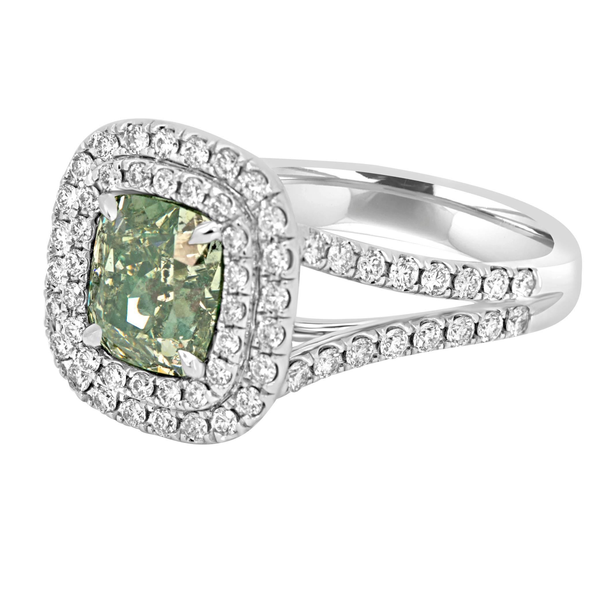 Modern GIA Certified Natural Fancy Green Cushion Diamond Double Halo Gold Bridal Ring