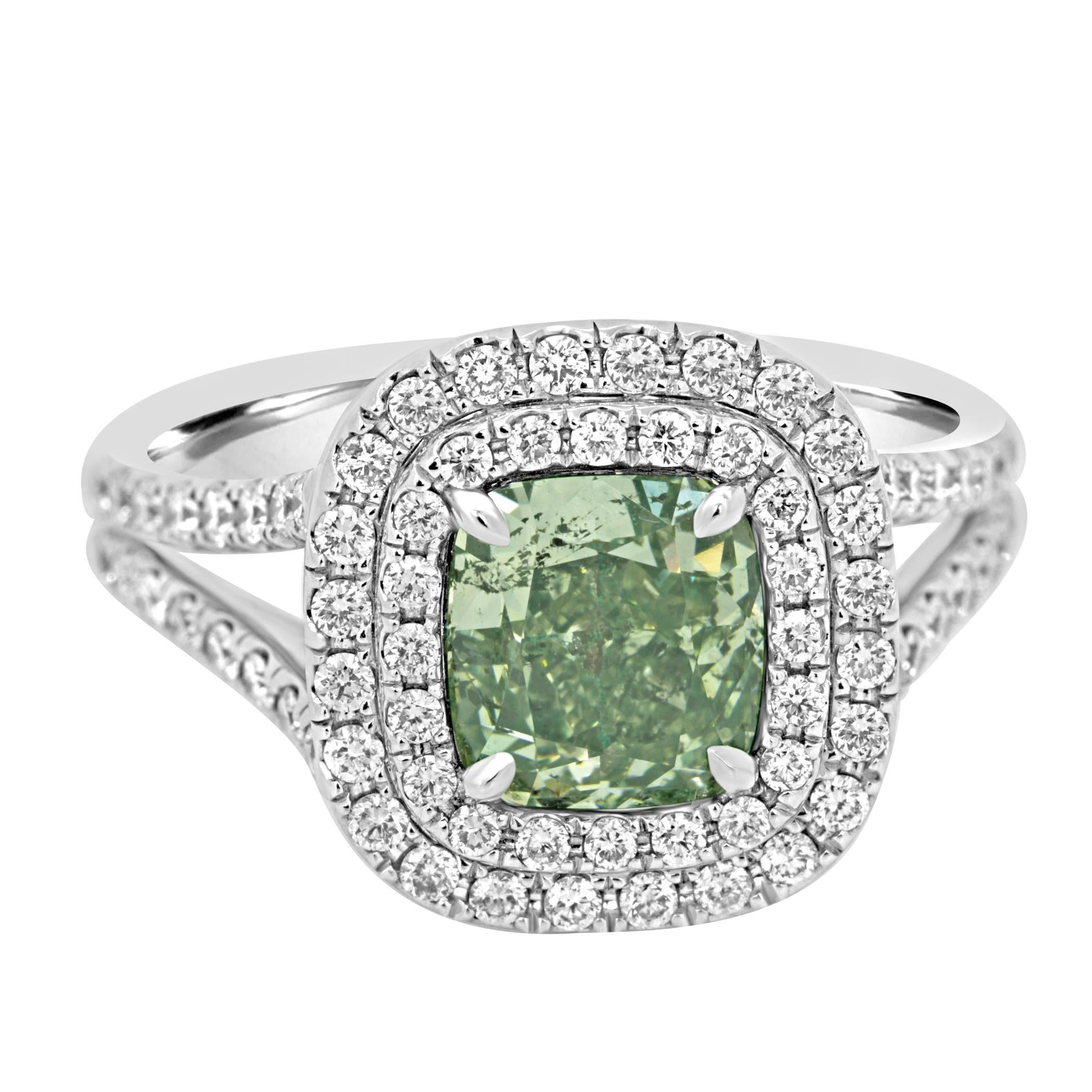 GIA Certified Natural Fancy Green Cushion Diamond Double Halo Gold Bridal Ring