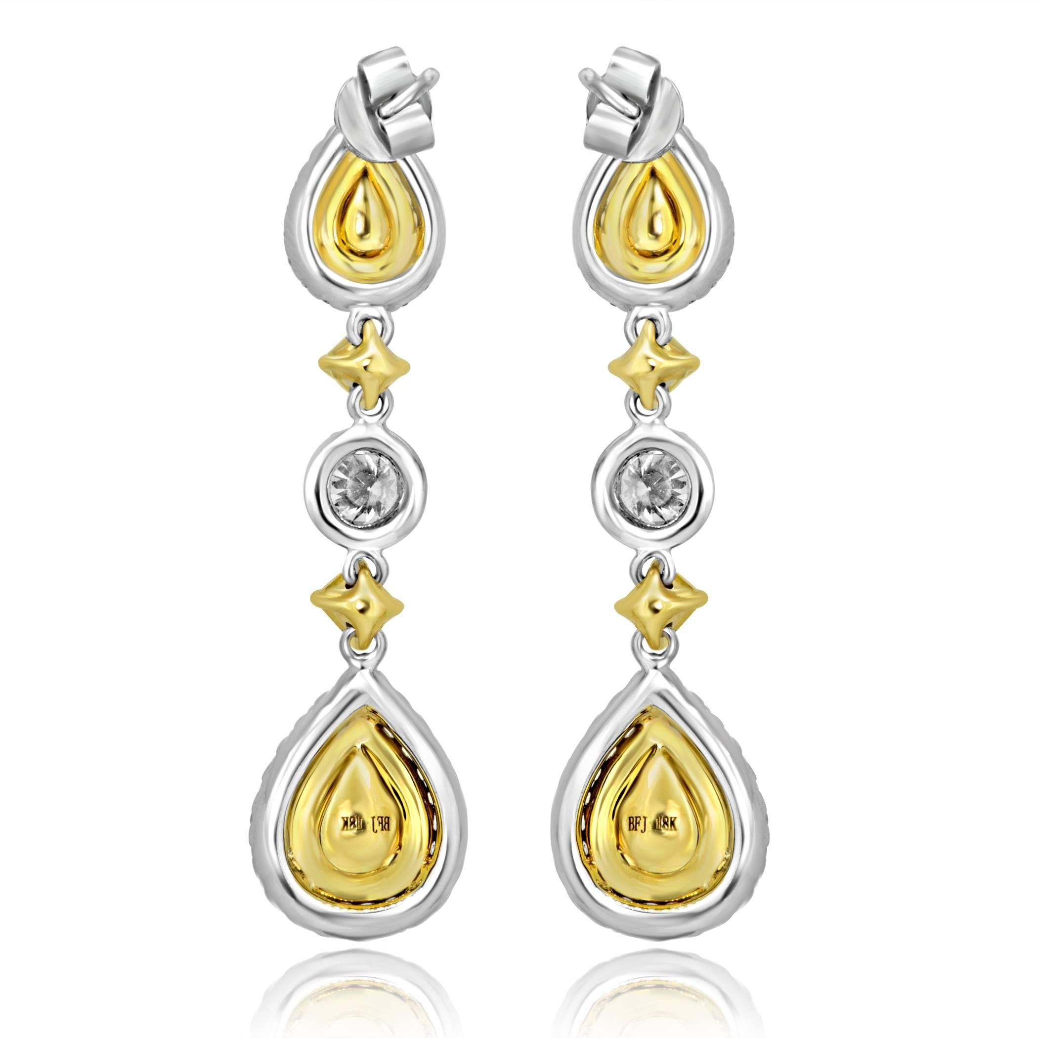 Contemporary Natural Fancy Yellow Diamond Double Halo Two Color Gold Dangle Earring