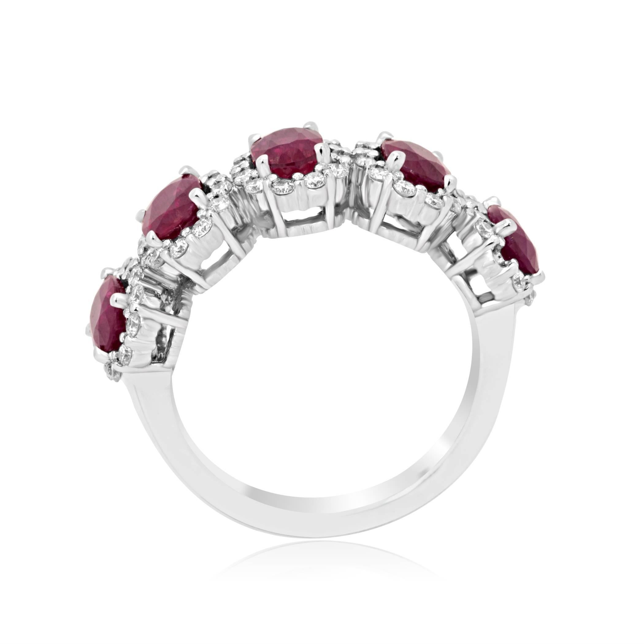 Oval Cut 5 Stone Burma Ruby Oval Diamond Round Halo White Gold Fashion Cocktail Band Ring