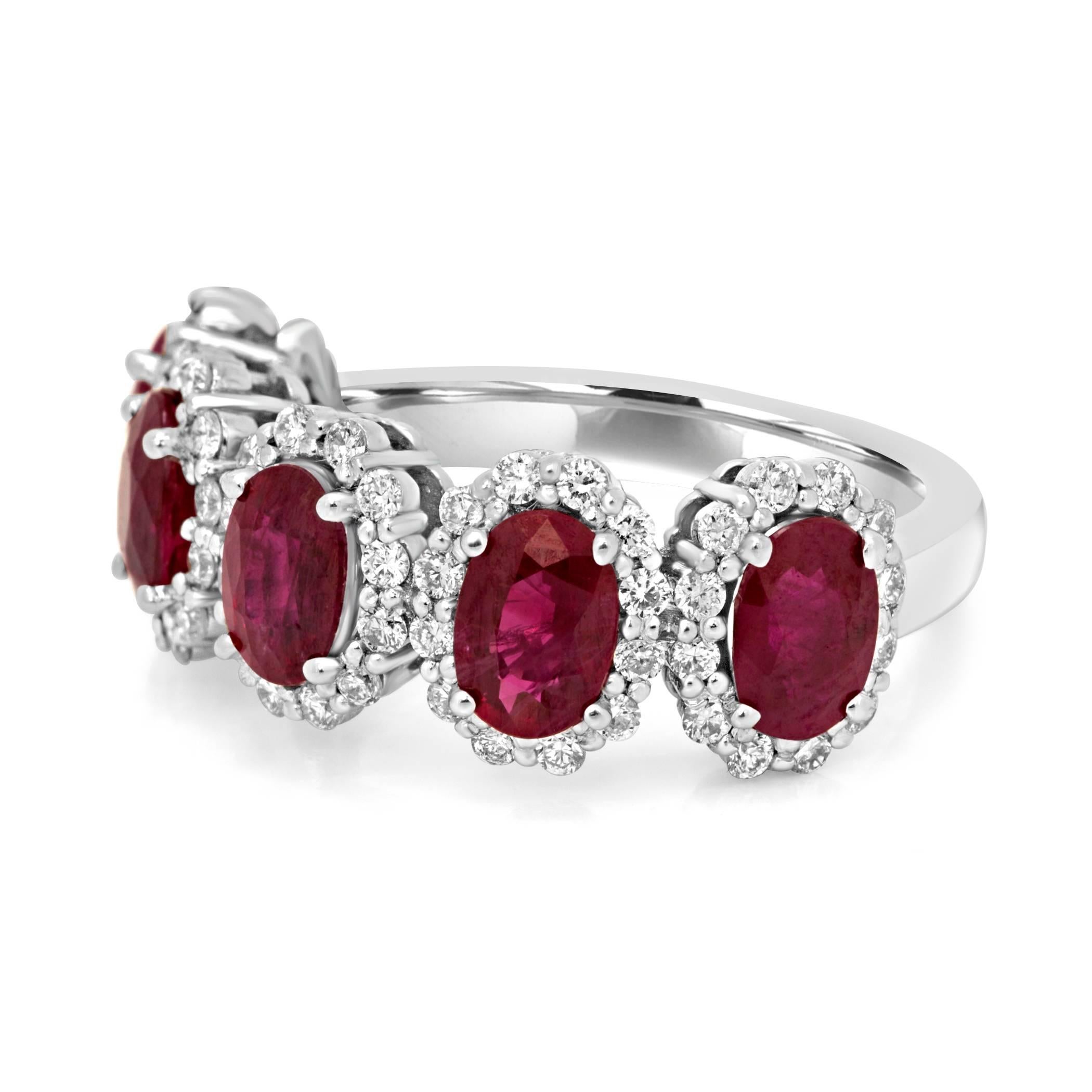 5 Natural Oval Burma Ruby 3.60 Carat encircled in halo of White Diamond Round 0.62 Carat in 14K White Gold Fashion Cocktail Band Ring.

Style available in different price ranges. Prices are based on your selection of 4C's Cut, Color, Carat, Clarity.