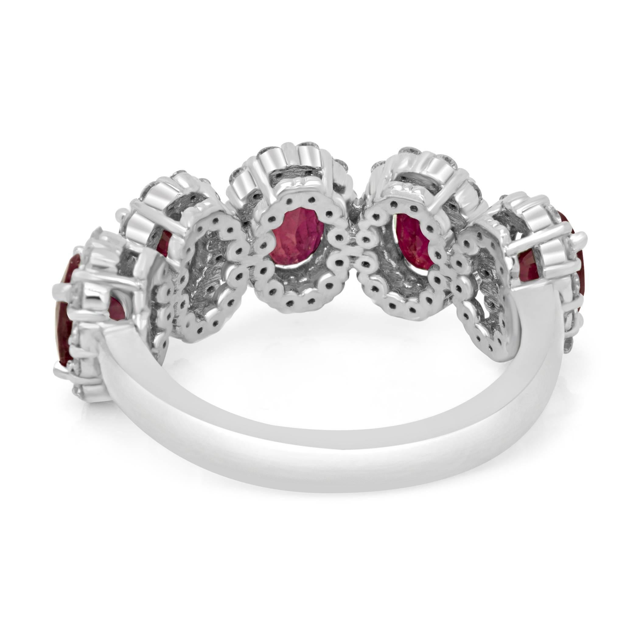 5 Stone Burma Ruby Oval Diamond Round Halo White Gold Fashion Cocktail Band Ring In New Condition In NEW YORK, NY