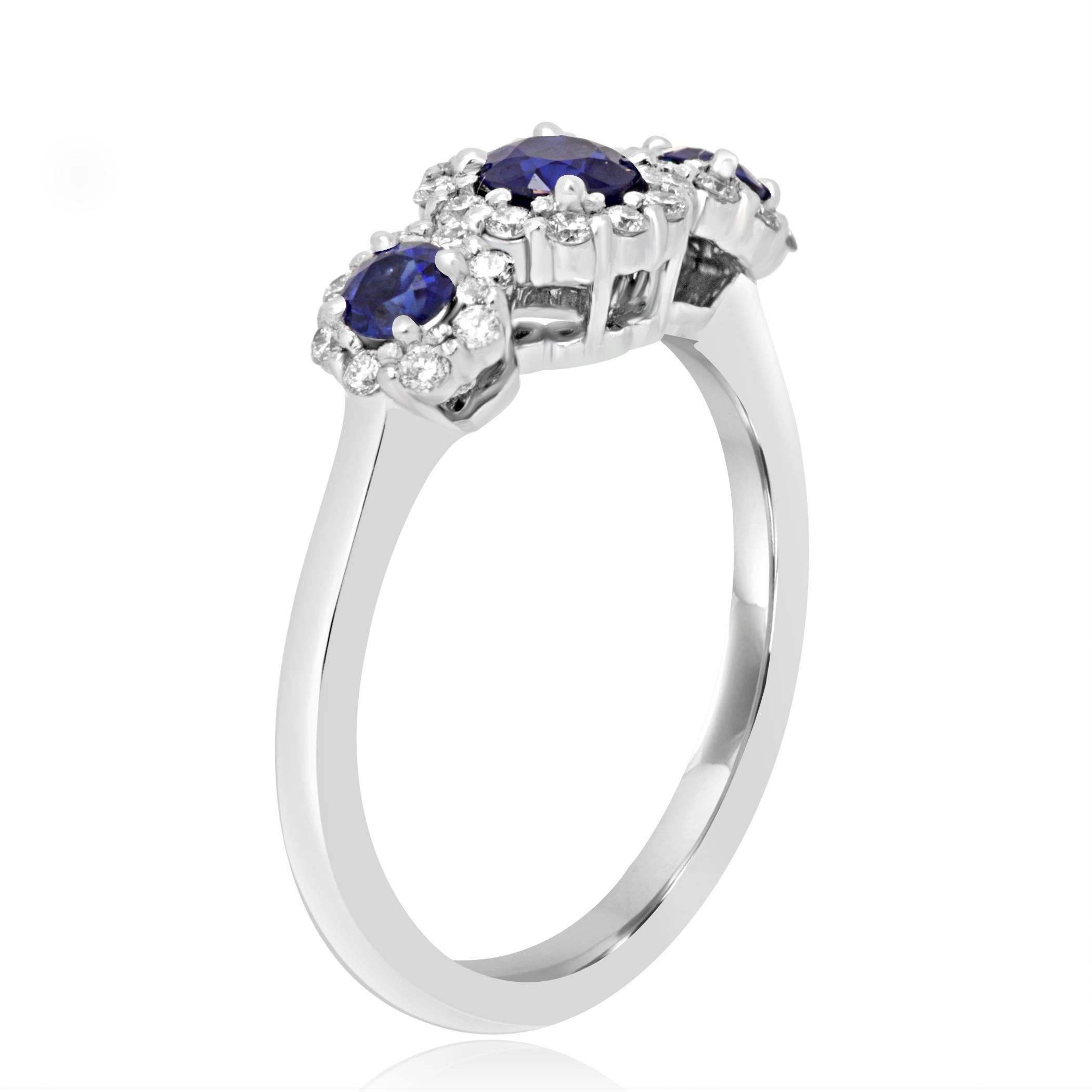 Modern Blue Sapphire Diamond Halo Three Stone Fashion Cocktail Gold Ring