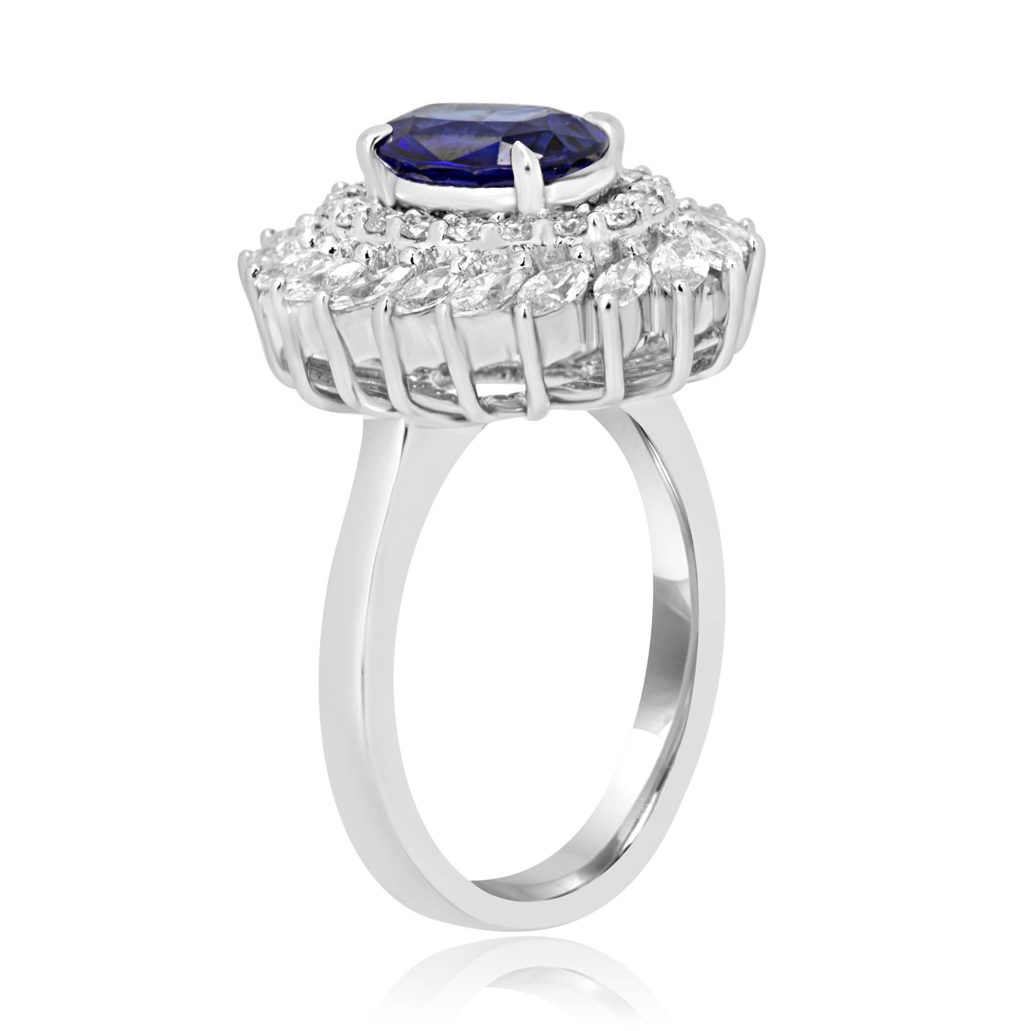 Modern GIA Certified Blue Sapphire Diamond Double Halo Gold Fashion Cocktail Ring