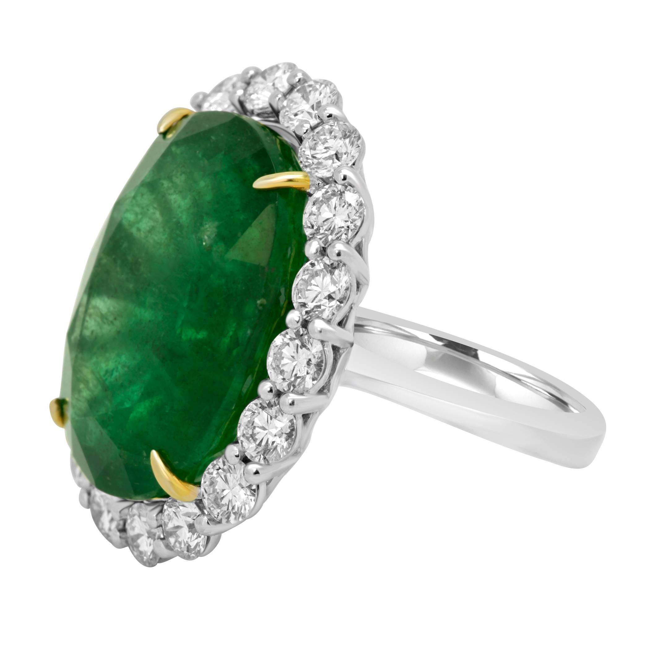 Modern GIA Certified 19.78 Ct Zambian Emerald Diamond Halo Two Color Gold Cocktail Ring