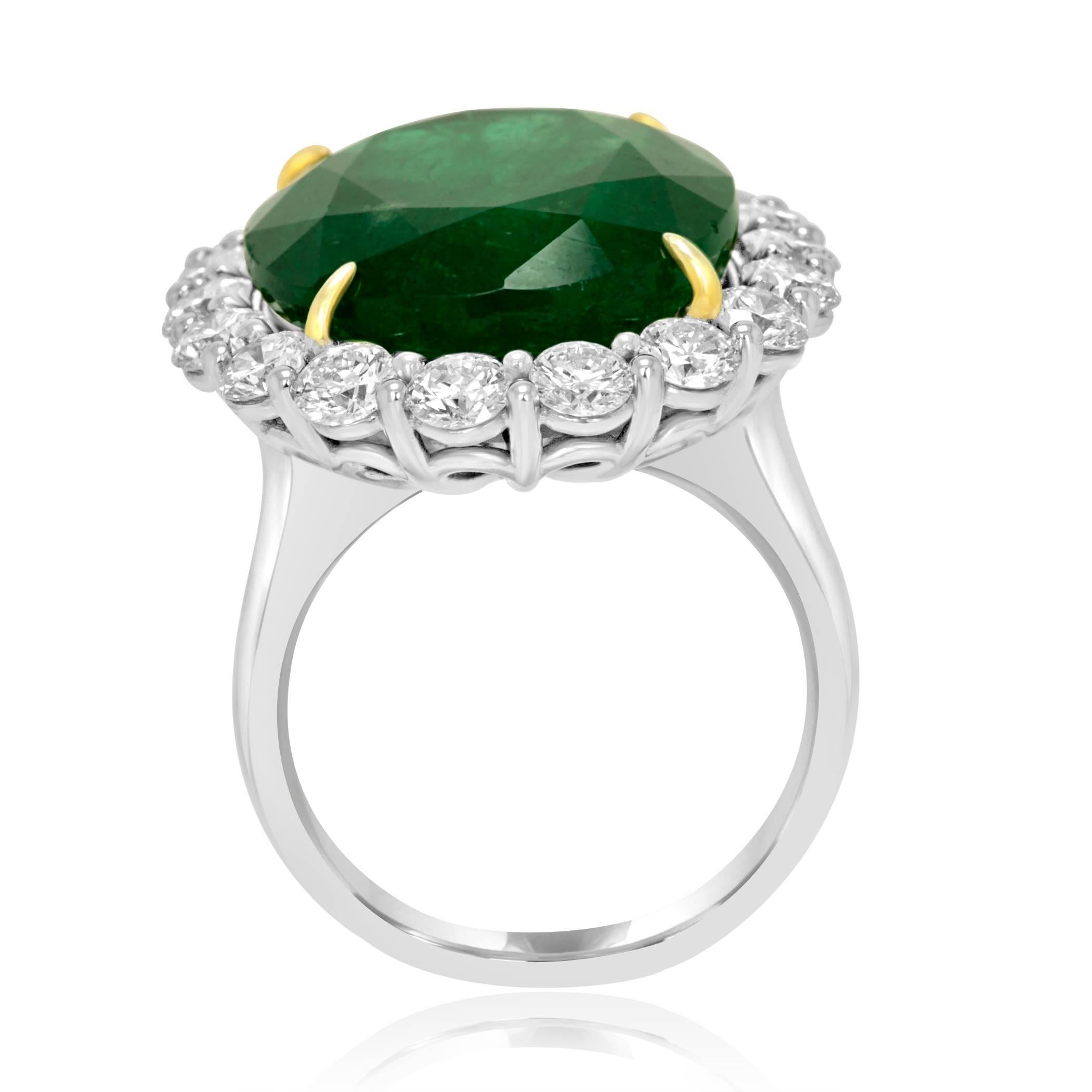 GIA Certified 19.78 Ct Zambian Emerald Diamond Halo Two Color Gold Cocktail Ring 2