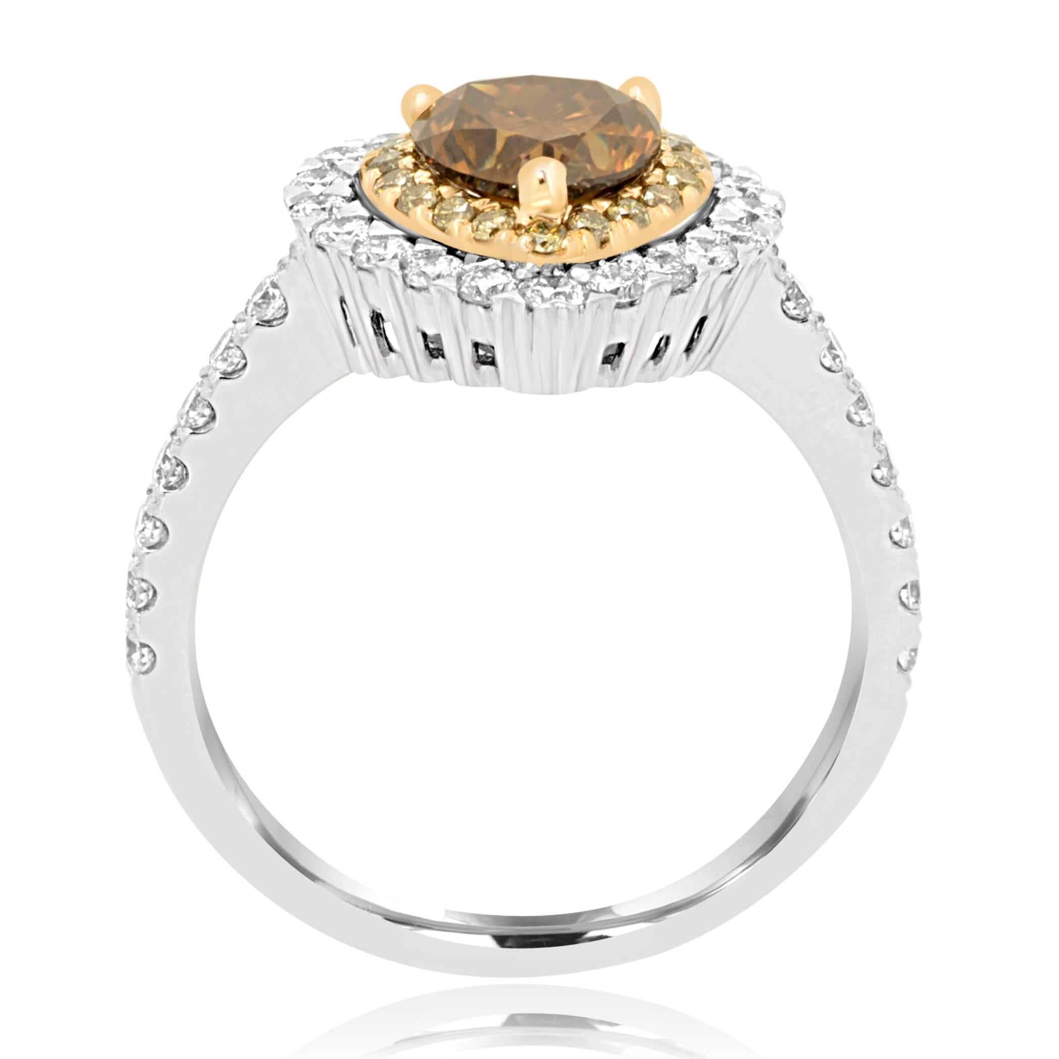 Modern Champagne Diamond Double Halo Two Color Gold Bridal Fashion Cocktail Ring