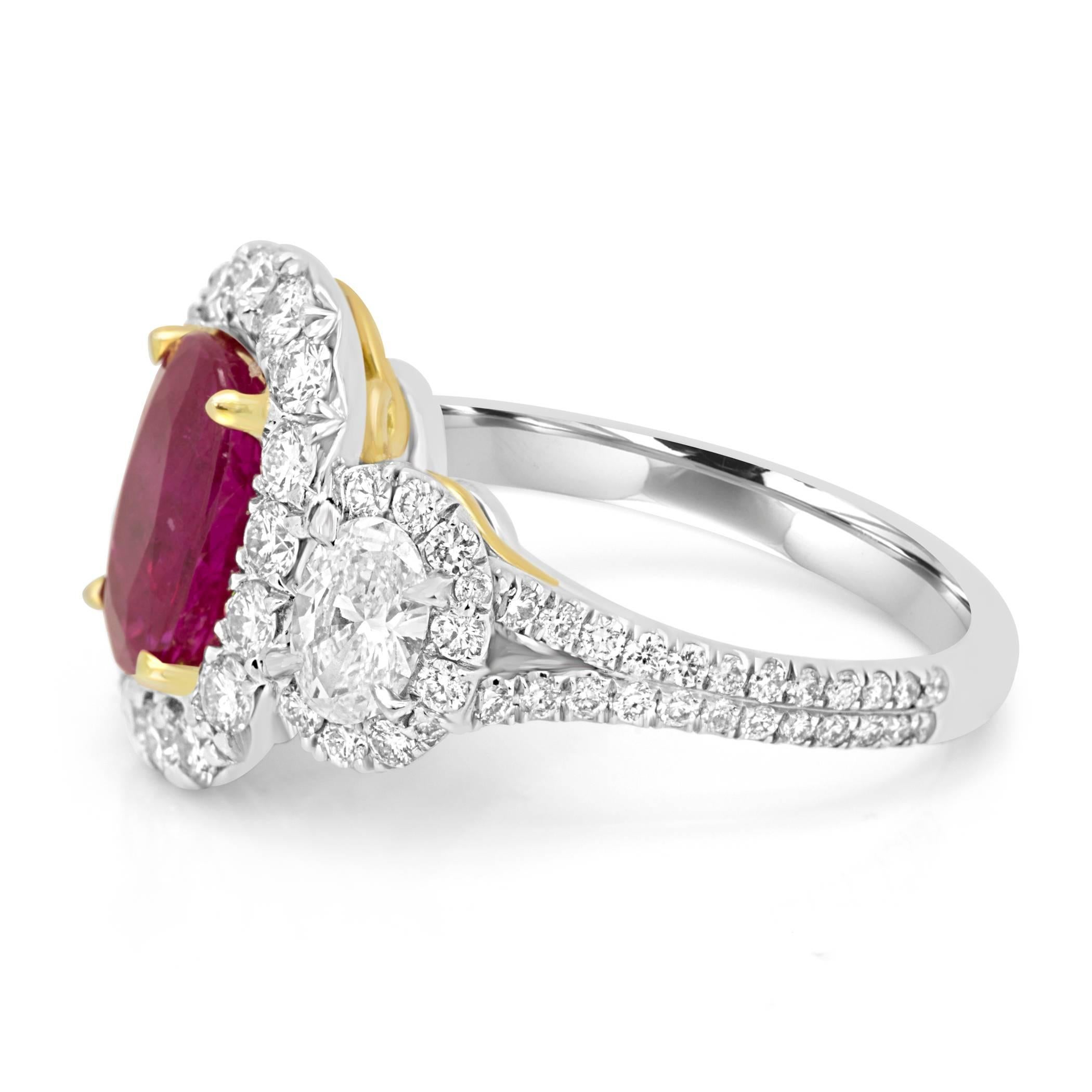 Modern Three Stone GIA Certified No Heat Burma Ruby 2.10Carat Diamond Halo Twotone Ring