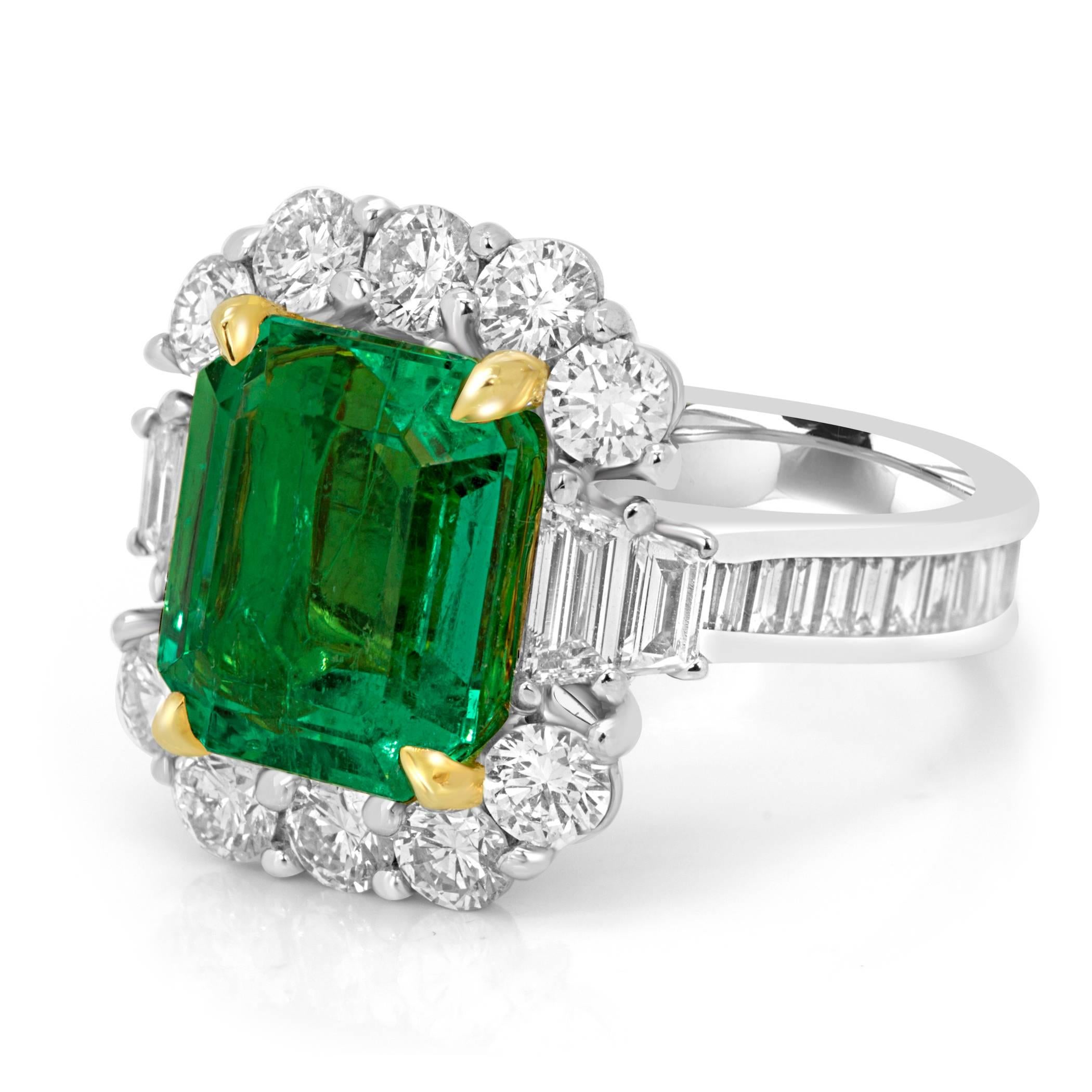 Modern GIA Certified 5.33 Carat Columbian Emerald Diamond Two Color Gold Cocktail Ring