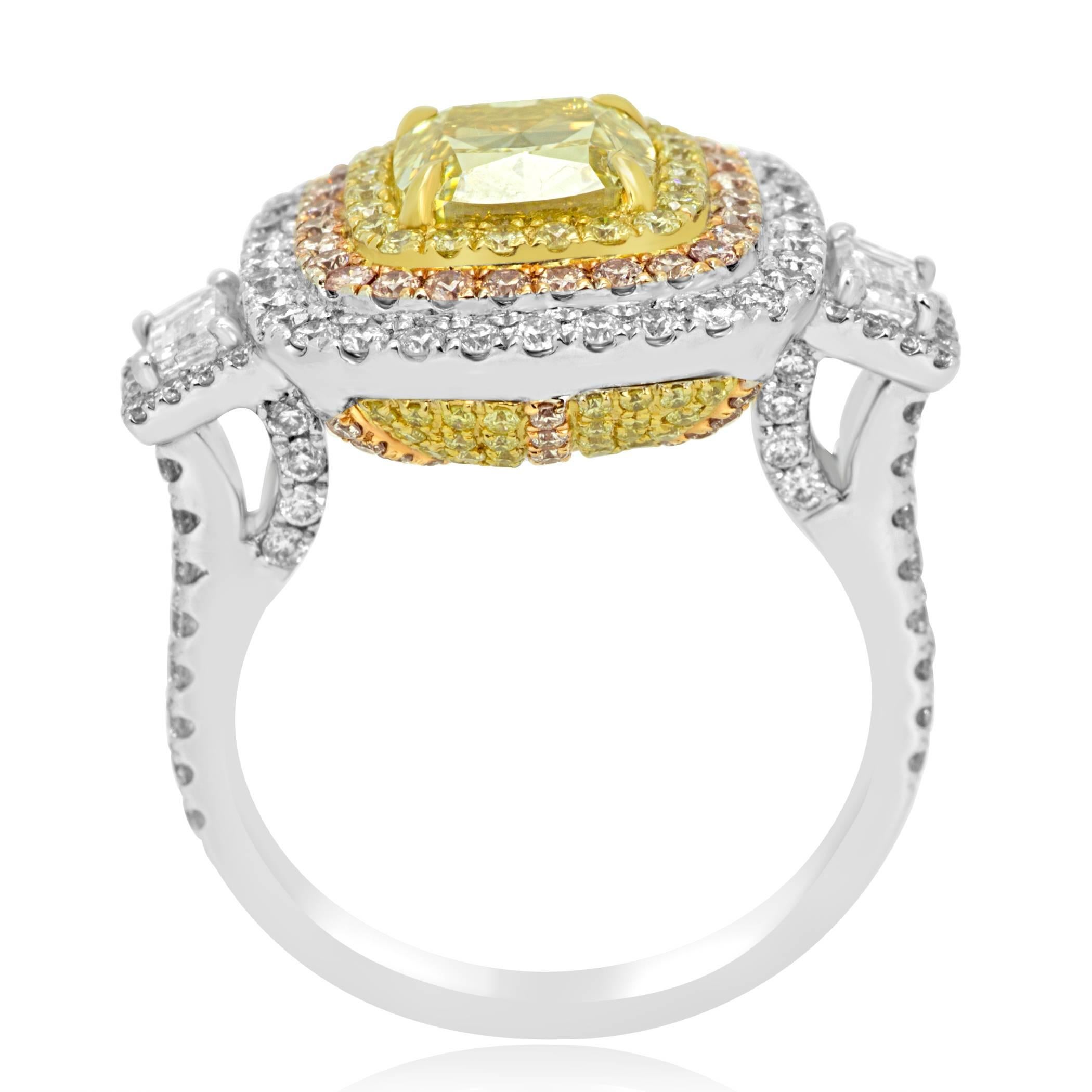 Women's or Men's GIA Certified 2.53 Carat Fancy Yellow Diamond Triple Halo Three-Color Gold Ring