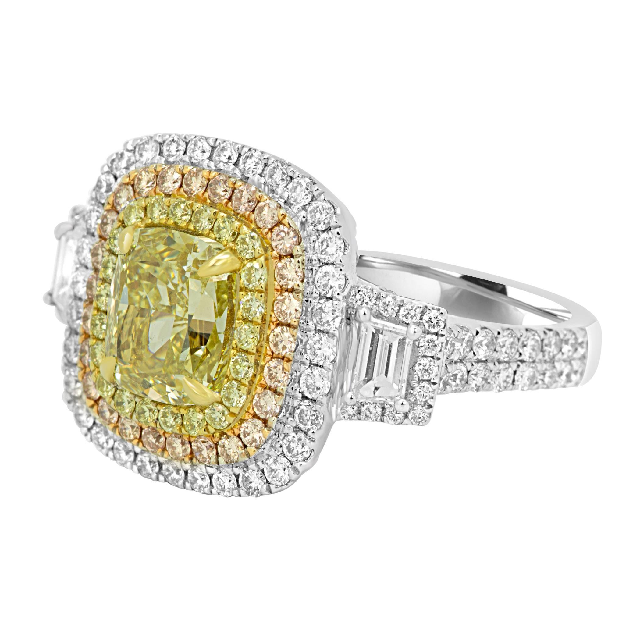 GIA Certified 2.53 Carat Fancy Yellow Diamond Triple Halo Three-Color Gold Ring In Excellent Condition In NEW YORK, NY