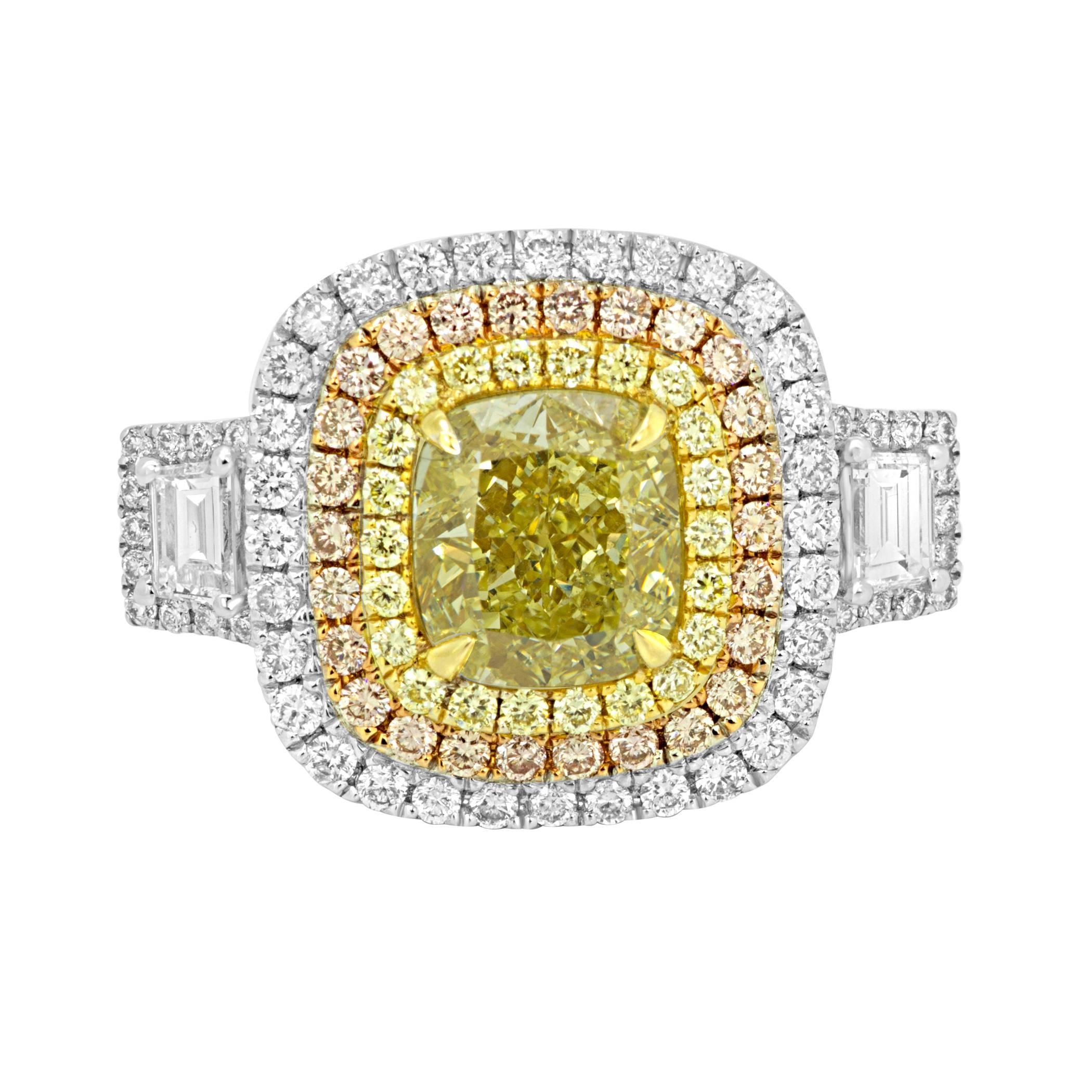 Cushion Cut GIA Certified 2.53 Carat Fancy Yellow Diamond Triple Halo Three-Color Gold Ring