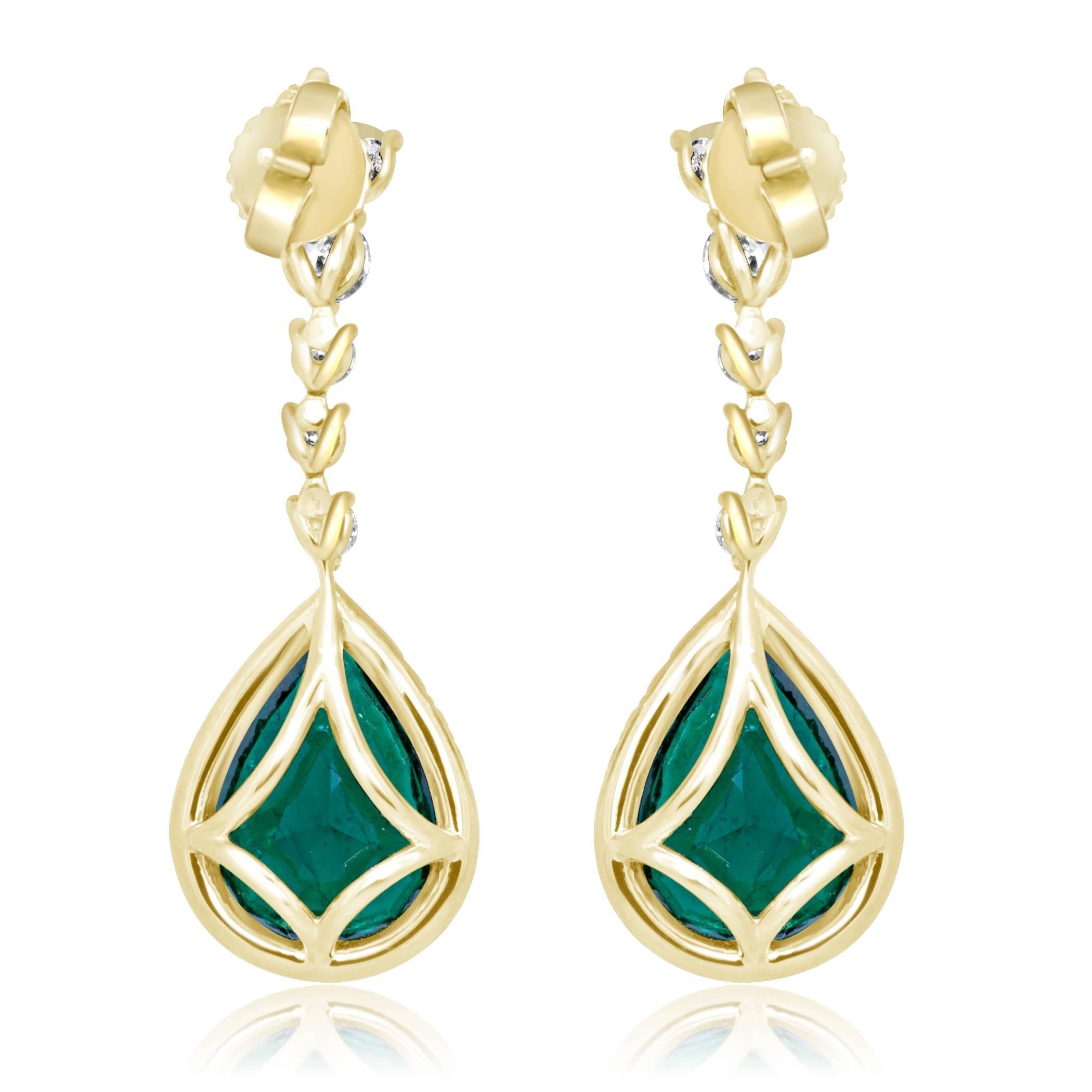 Modern 7.06 Carat Emerald Diamond Halo Dangling Gold Earring
