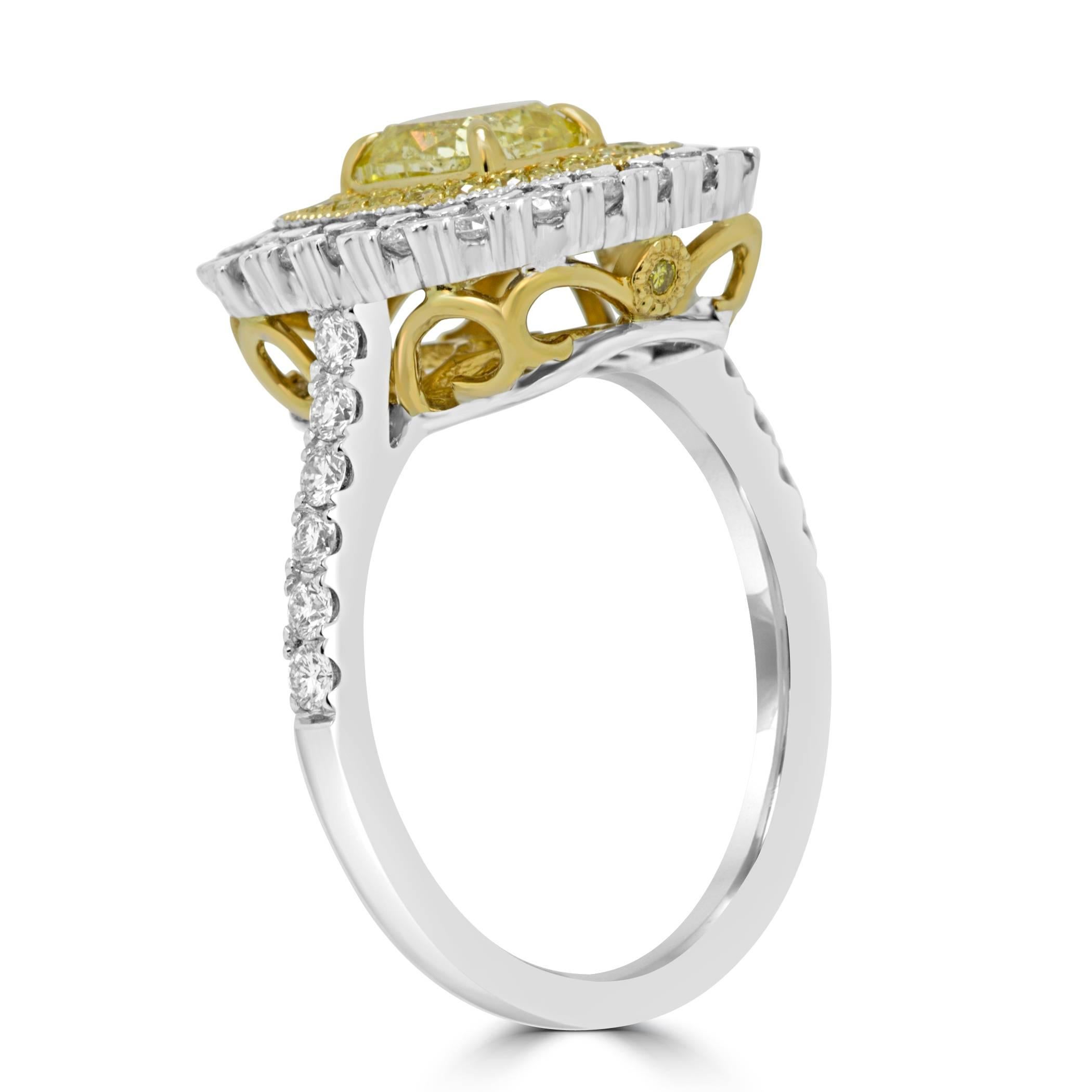 Fancy Yellow Cushion Diamond Double Halo Two-Color Gold Bridal Cocktail Ring In New Condition In NEW YORK, NY