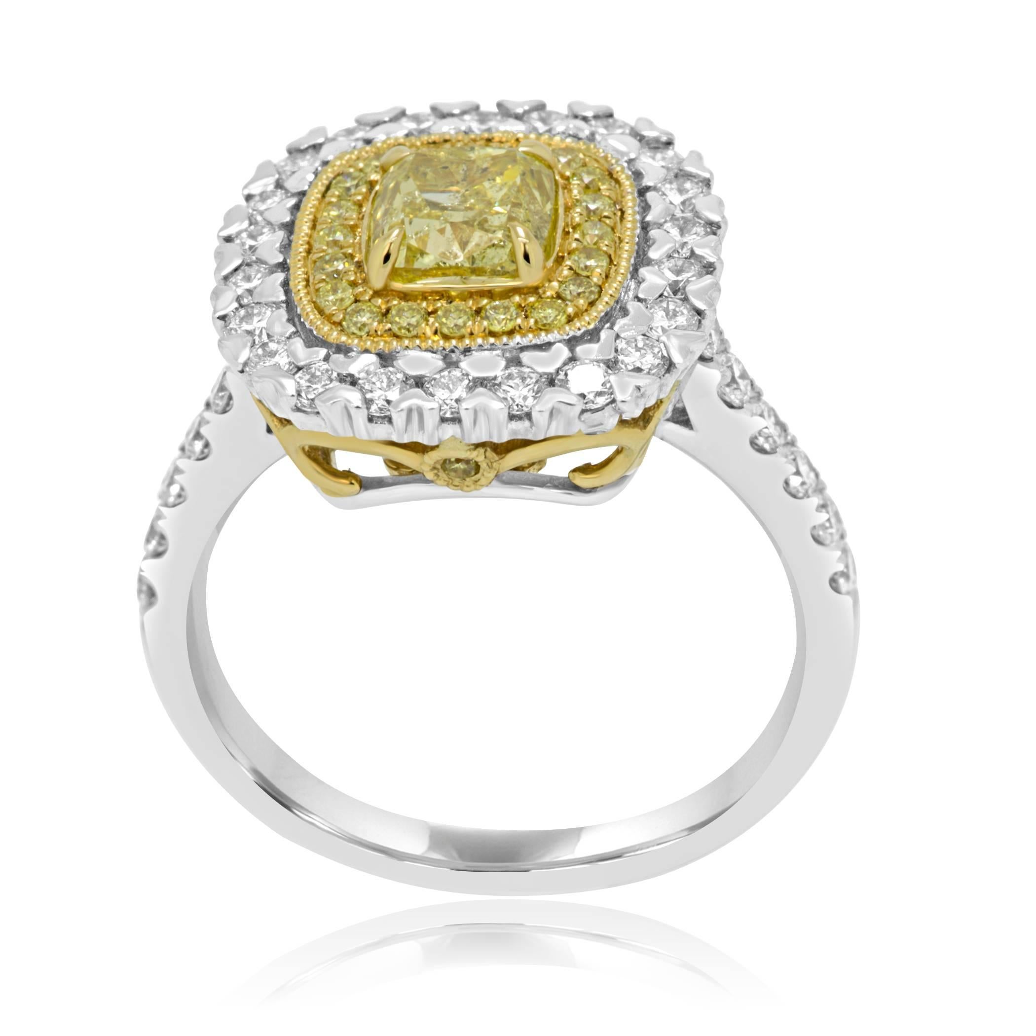 Modern Fancy Yellow Cushion Diamond Double Halo Two-Color Gold Bridal Cocktail Ring