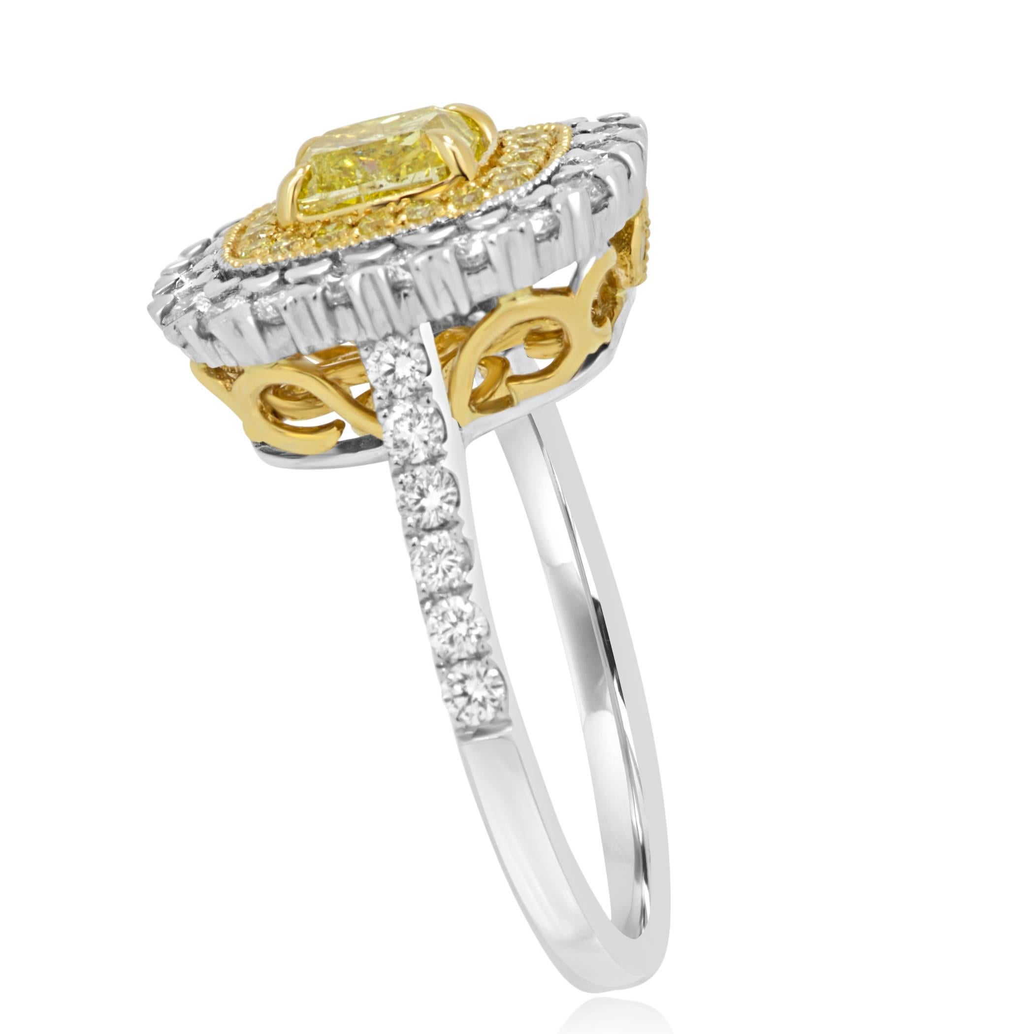 Cushion Cut Fancy Yellow Cushion Diamond Double Halo Two-Color Gold Bridal Cocktail Ring