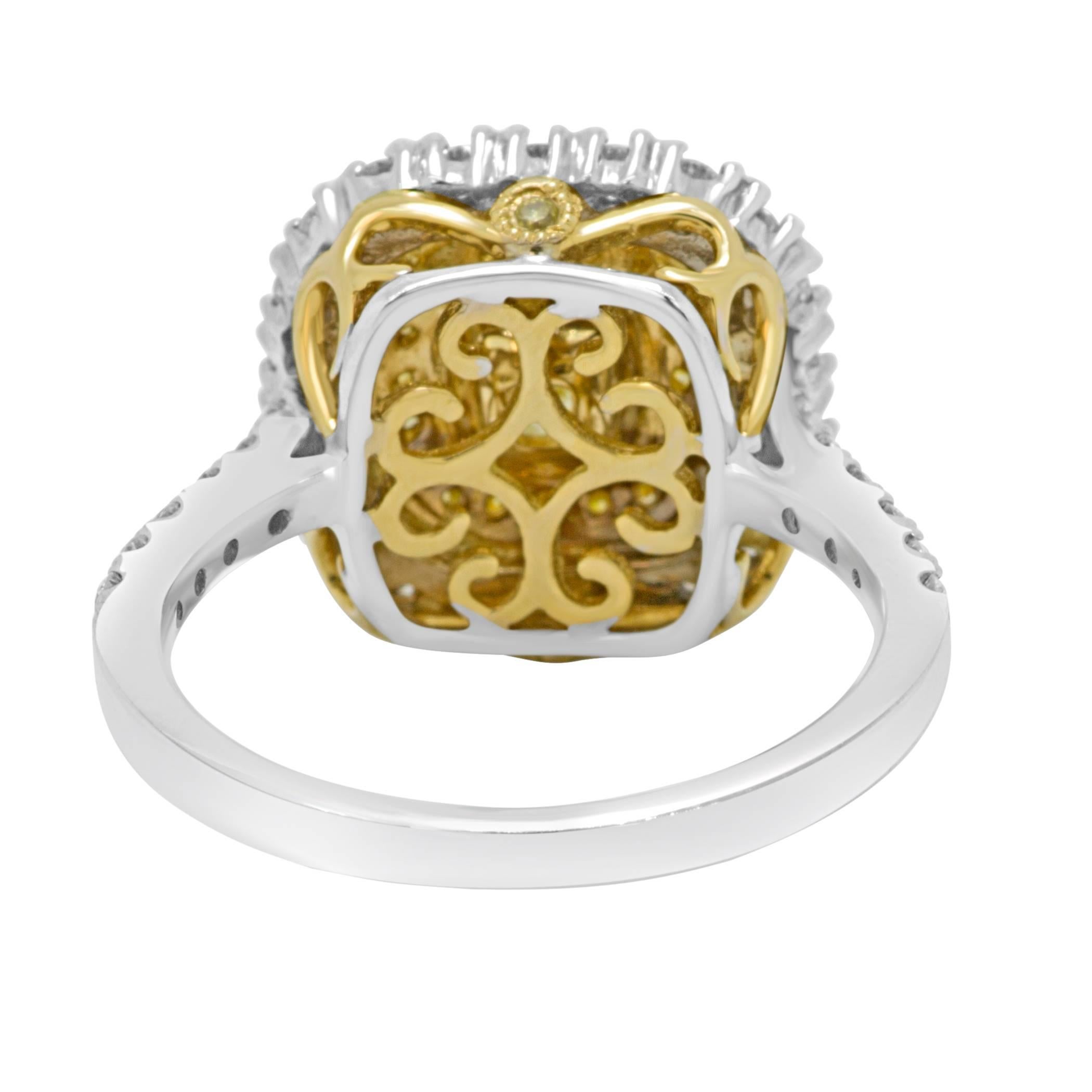 Women's or Men's Fancy Yellow Cushion Diamond Double Halo Two-Color Gold Bridal Cocktail Ring