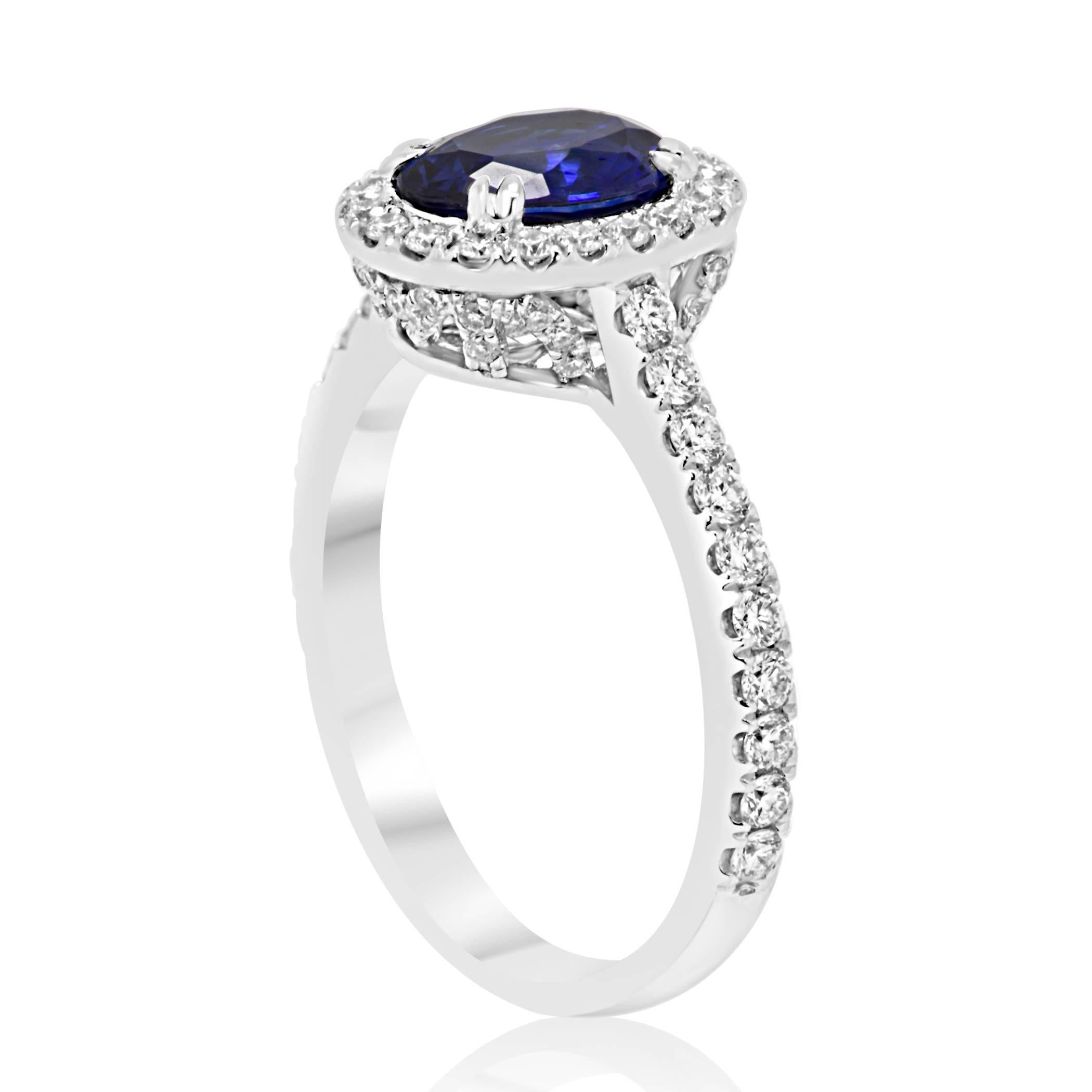 Oval Cut Blue Sapphire Oval Diamond Round Halo White Gold Bridal Fashion Cocktail Ring