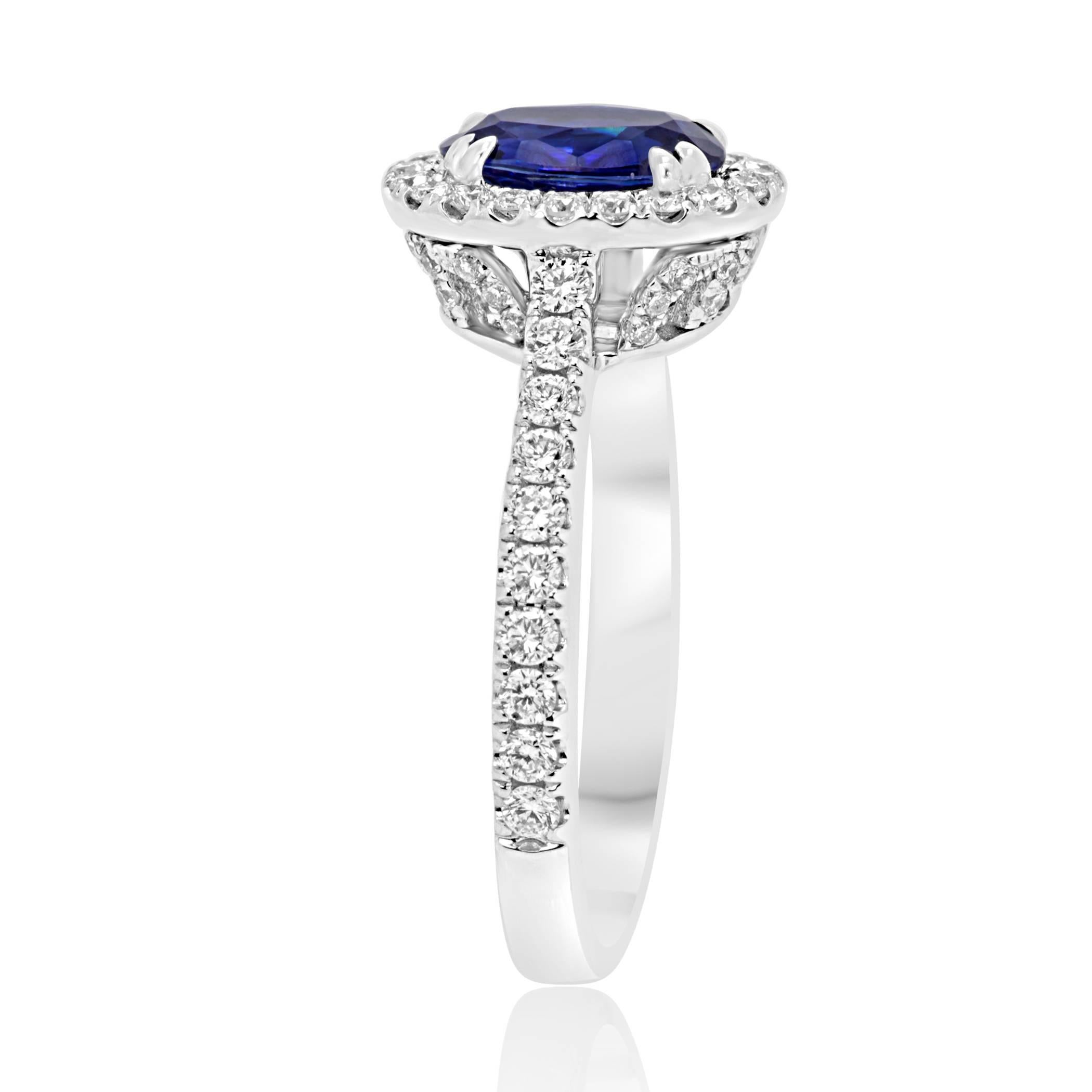 Blue Sapphire Oval Diamond Round Halo White Gold Bridal Fashion Cocktail Ring In New Condition In NEW YORK, NY